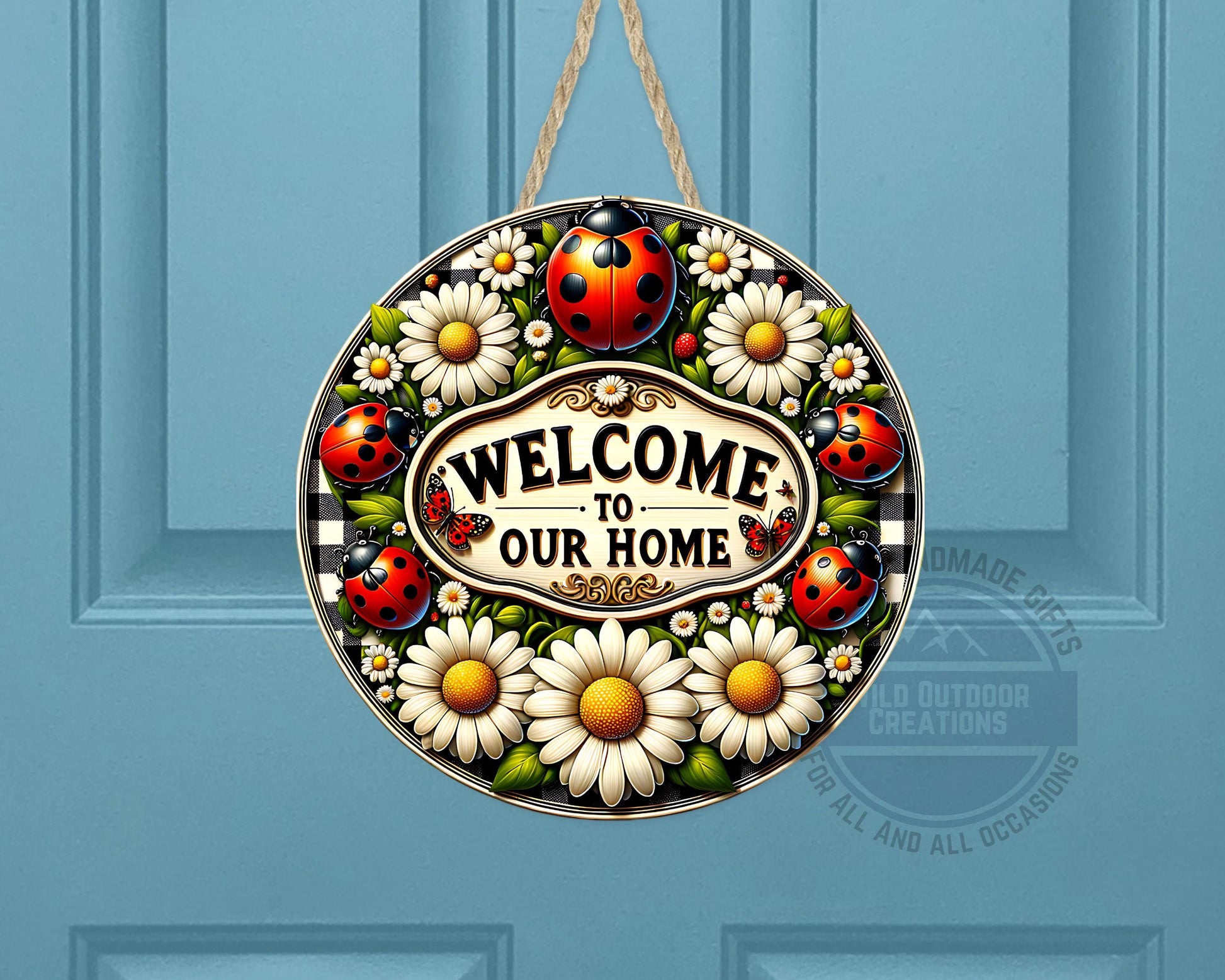 Welcome Door Hanger - Outdoor Aluminum Round Sign With Ladybug & Daisy Design - gift presentation view