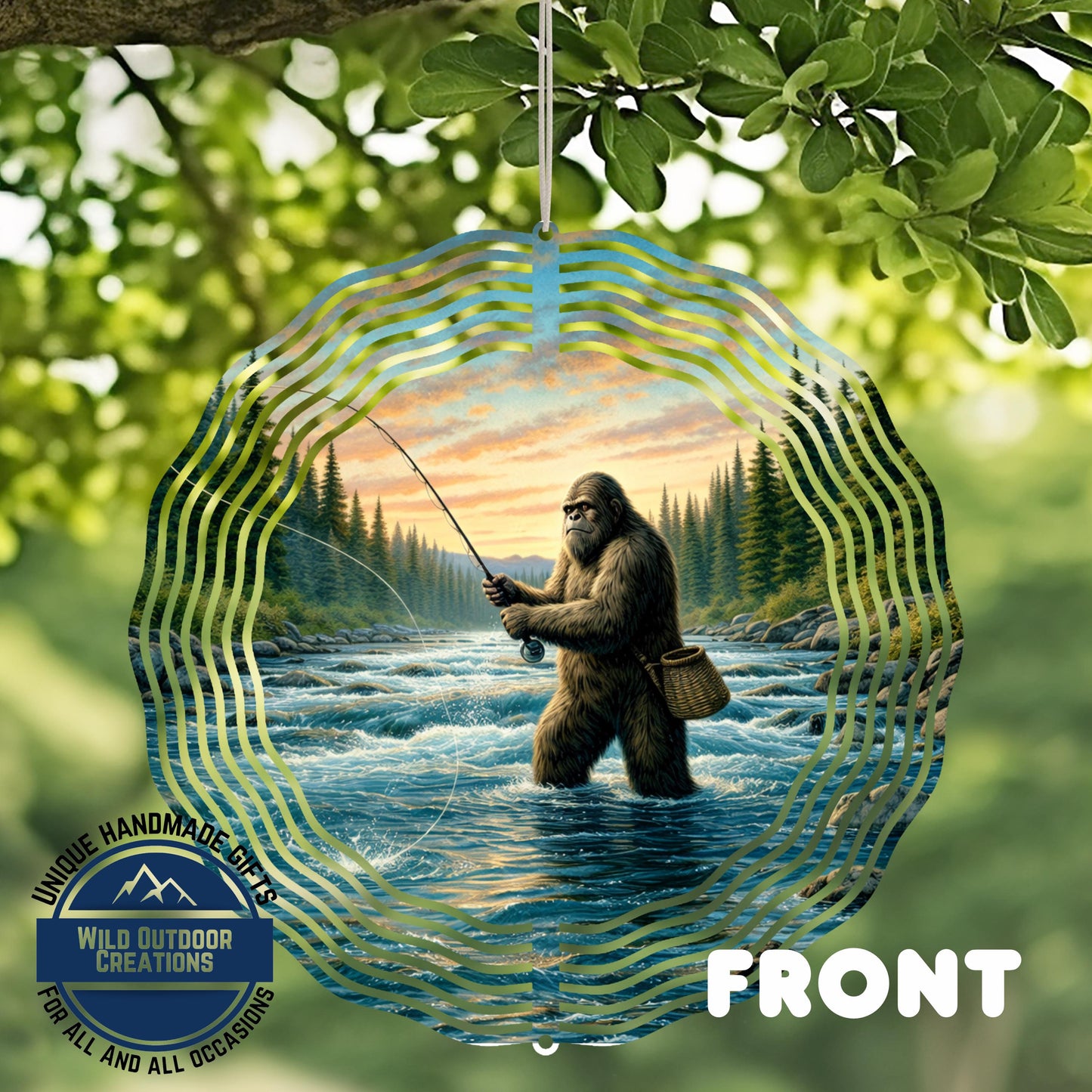 A whimsical image of a giant Sasquatch fishing in a river, surrounded by a wavy, circular frame with a forest backdrop.