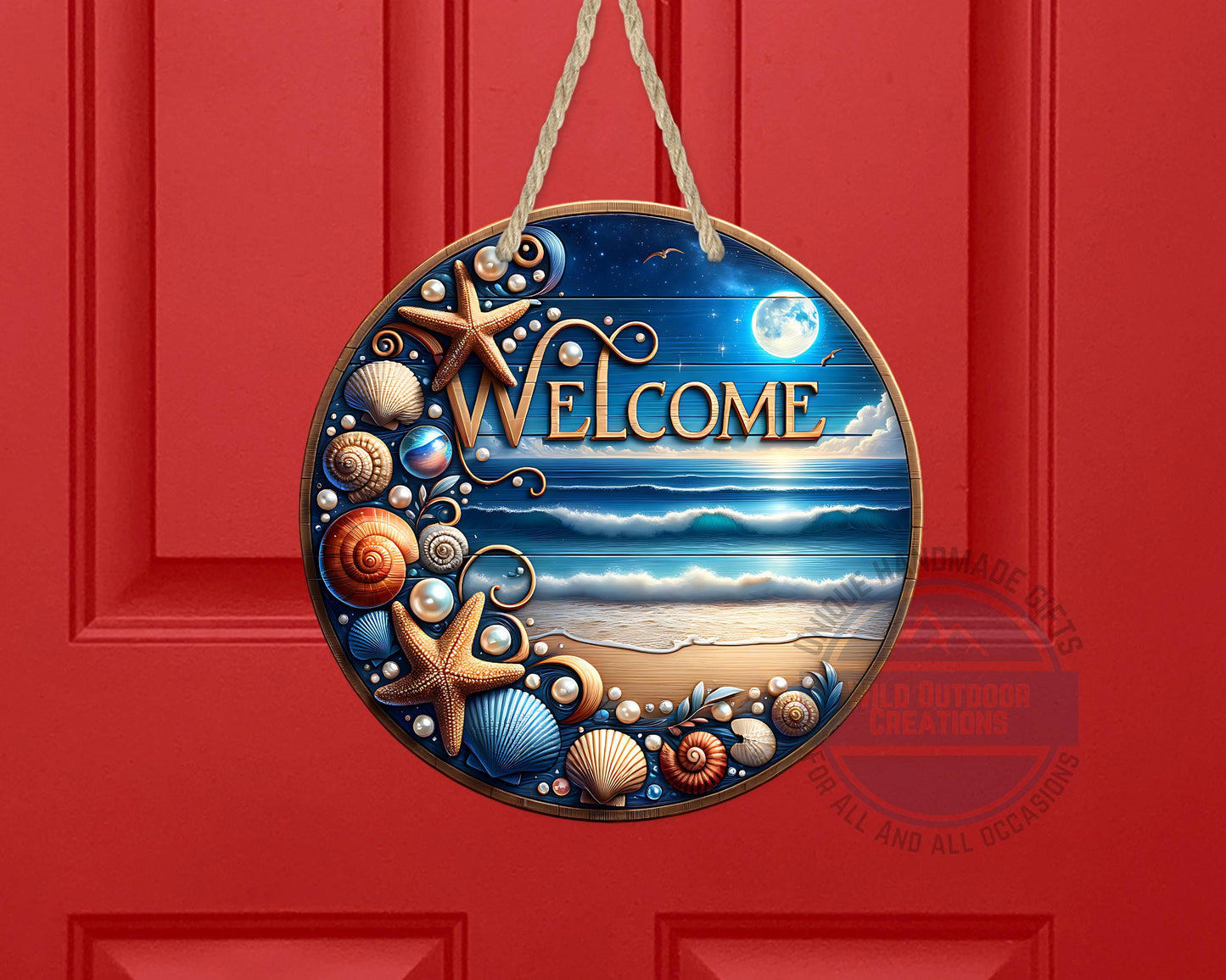 Coastal Door Sign – Nighttime Ocean View | Weather-Resistant Aluminum Outdoor Welcome - alternate view
