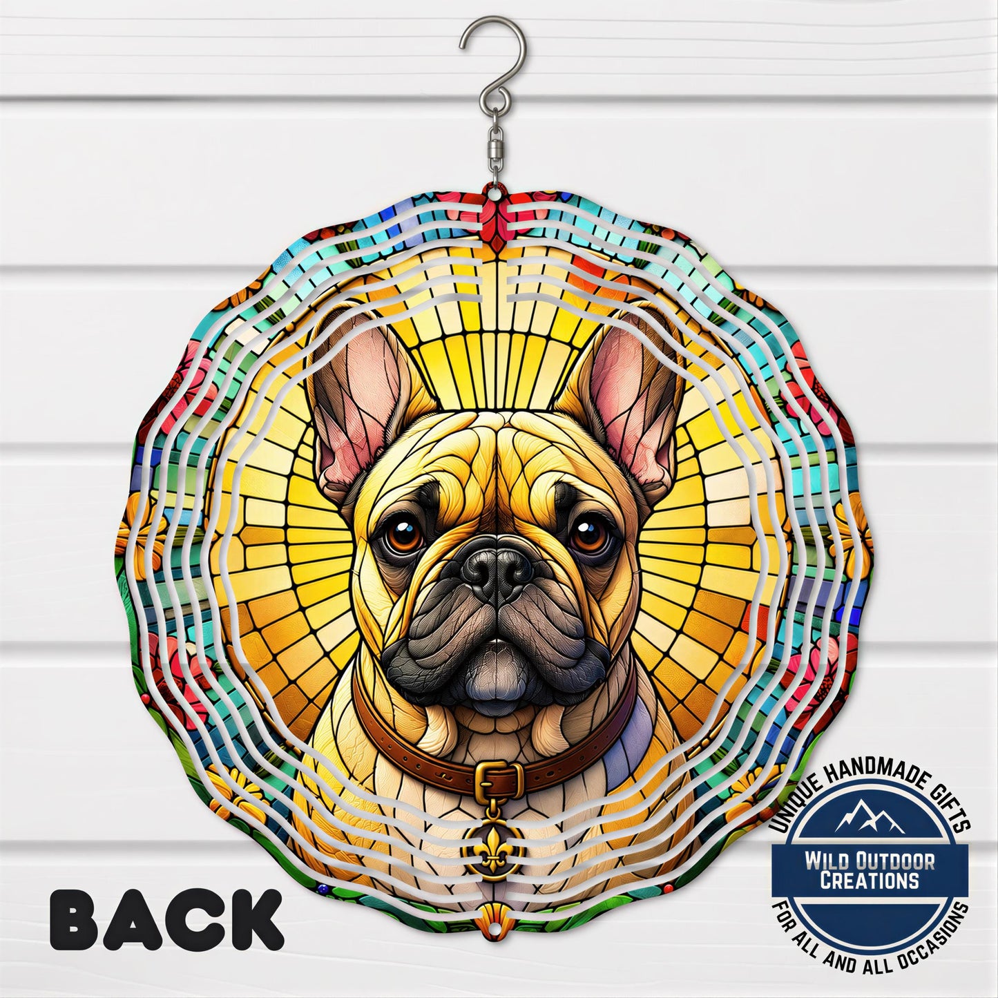 French Bulldog Wind Spinner – 10 Inch Faux Stained Glass Spiral Garden Decor