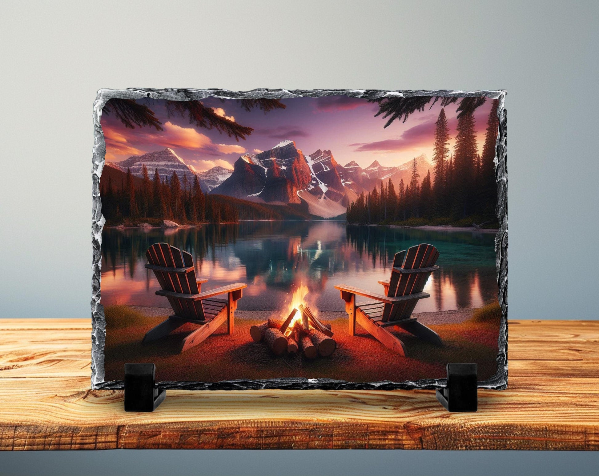 Campfire Slate Plaque – Rustic Stone Decor | Mountain Lake Art & Cozy Cabin Gift - alternate view