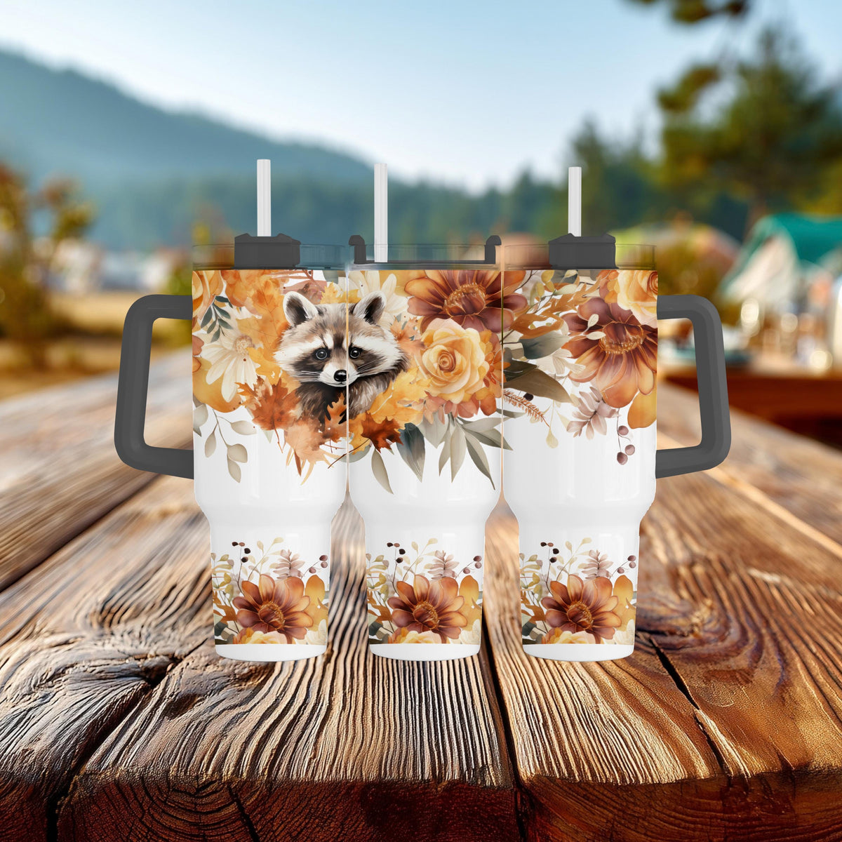 40 Oz Tumbler, Raccoon Fall Floral With Handle, Autumn Mug Gift