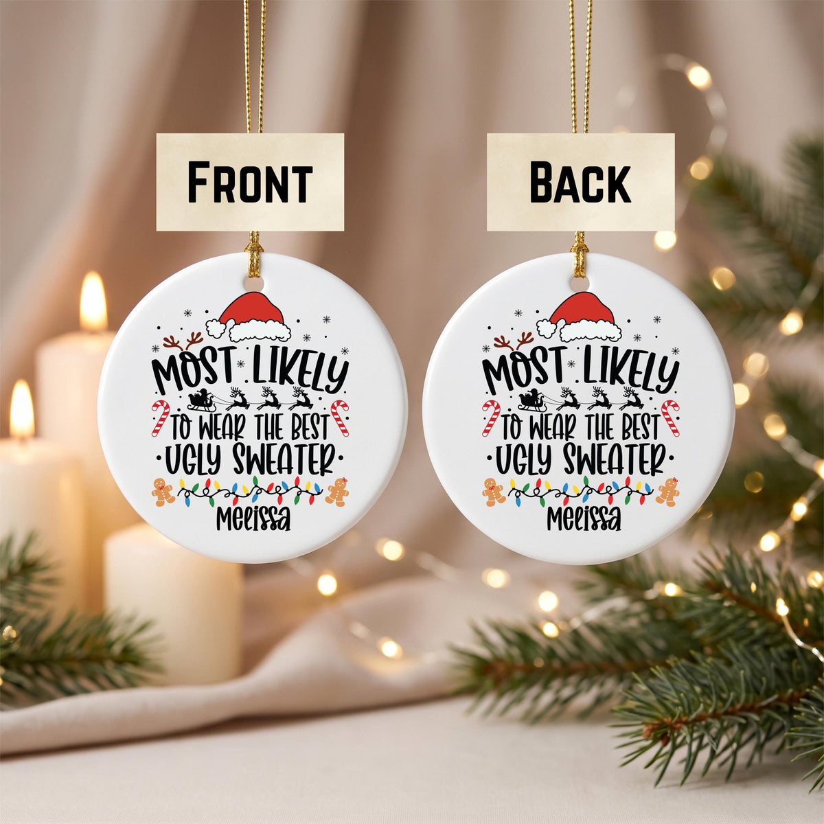 Personalized Christmas Ornament Ugly Sweater Ceramic, Custom Name