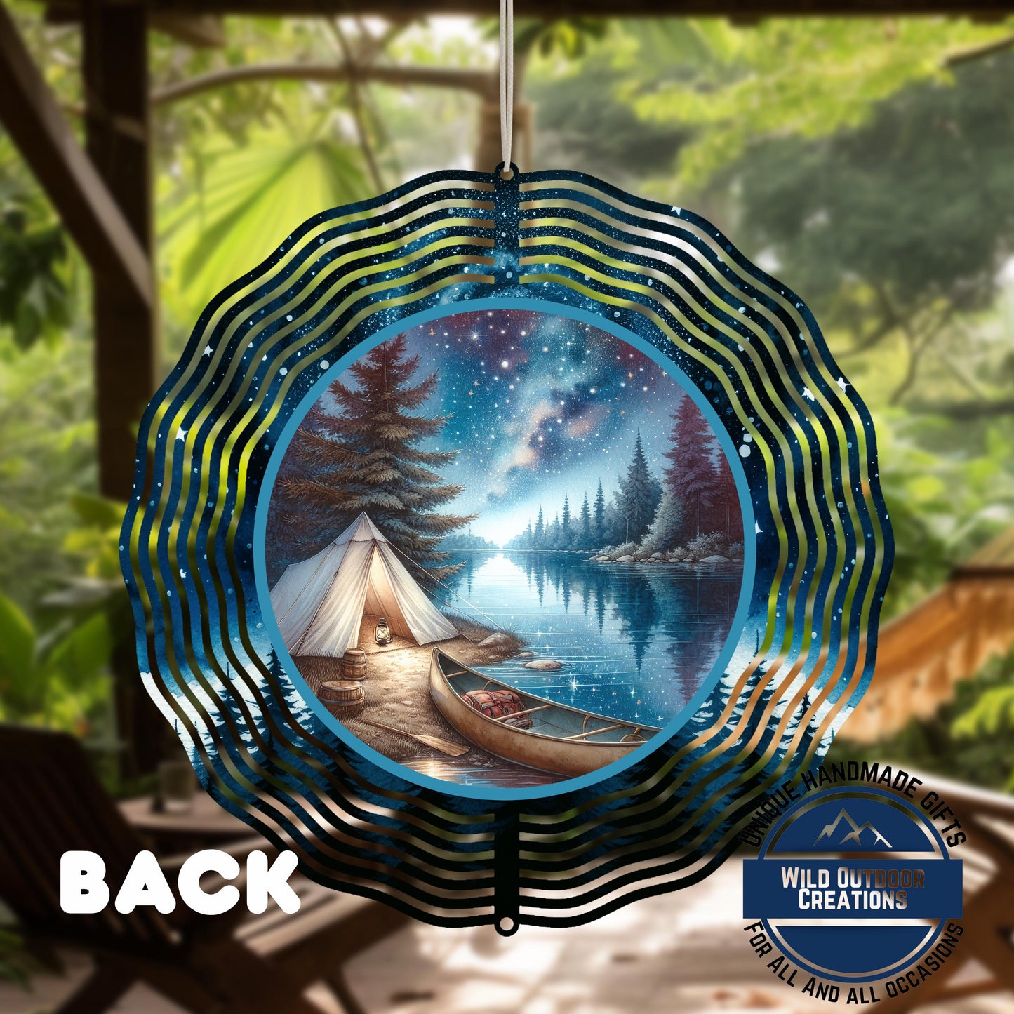 Camping Wind Spinner - Double Sided River Scene, 10 Inch Aluminum Garden Art - scale and size reference