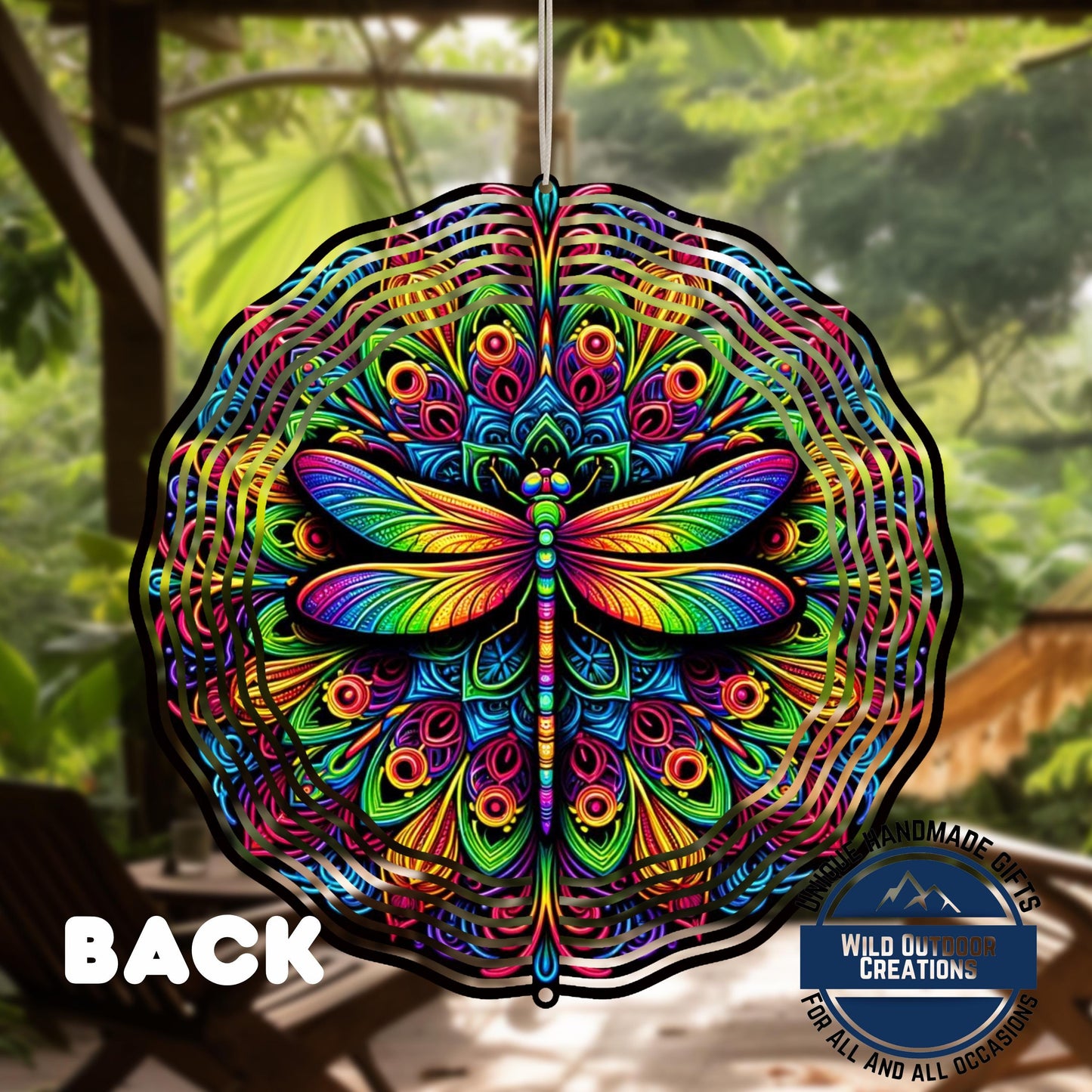 Dragonfly Wind Spinner - Neon Garden Decor | Aluminum Patio Wind Decoration - product dimensions and specifications