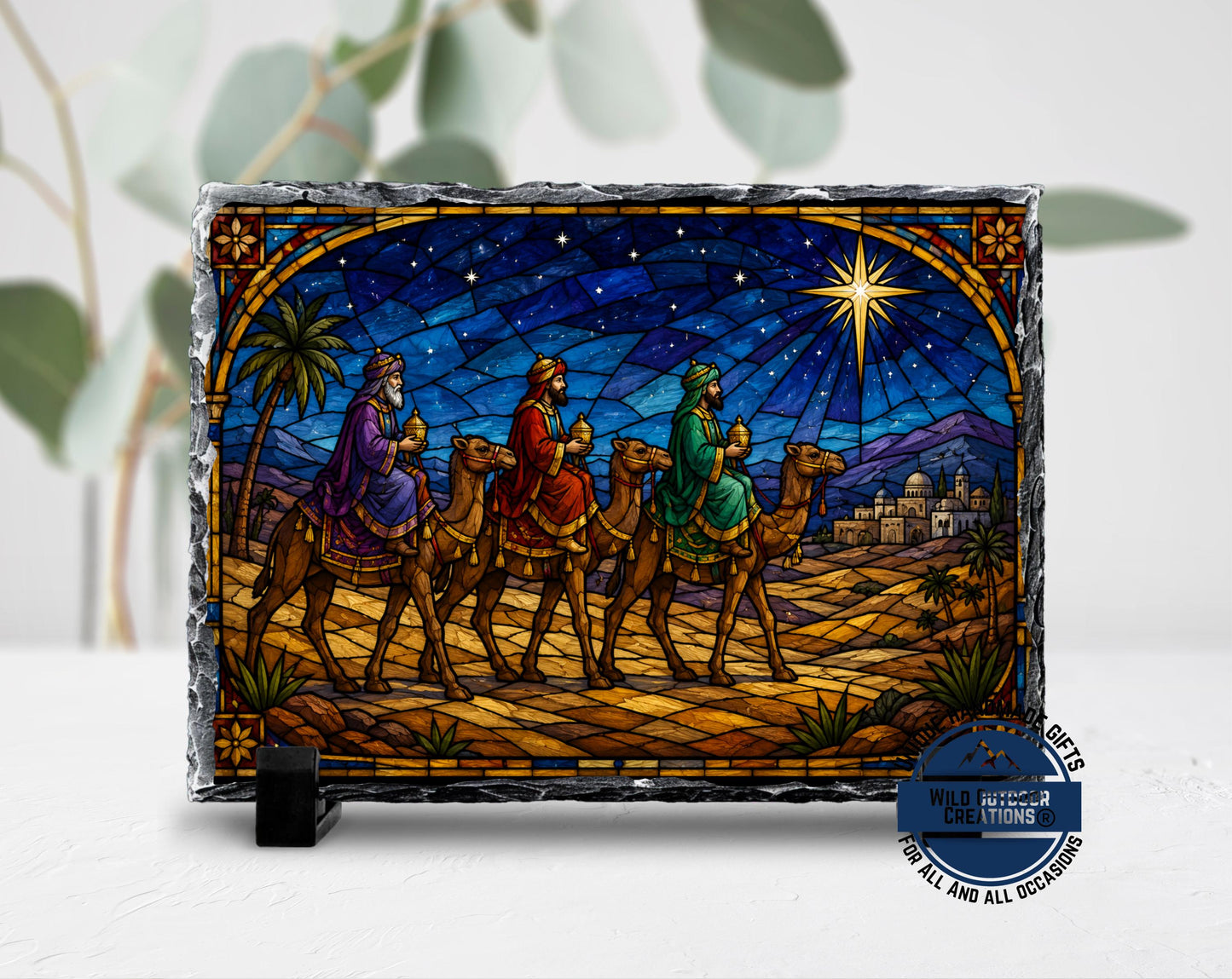 Three Wise Men Faux Stained Glass Slate Plaque, Christmas Nativity Decor, Religious Gift