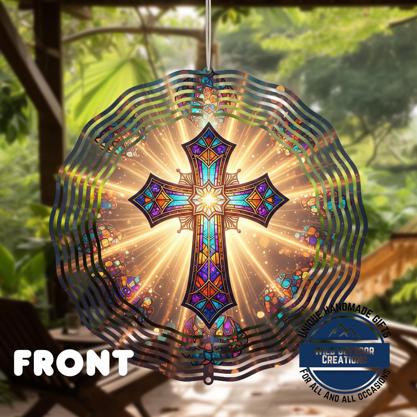 Faux Stained Glass Cross - Double Sided Spinner | Outdoor Wind Spinner with UV Protected Colors - back side design view