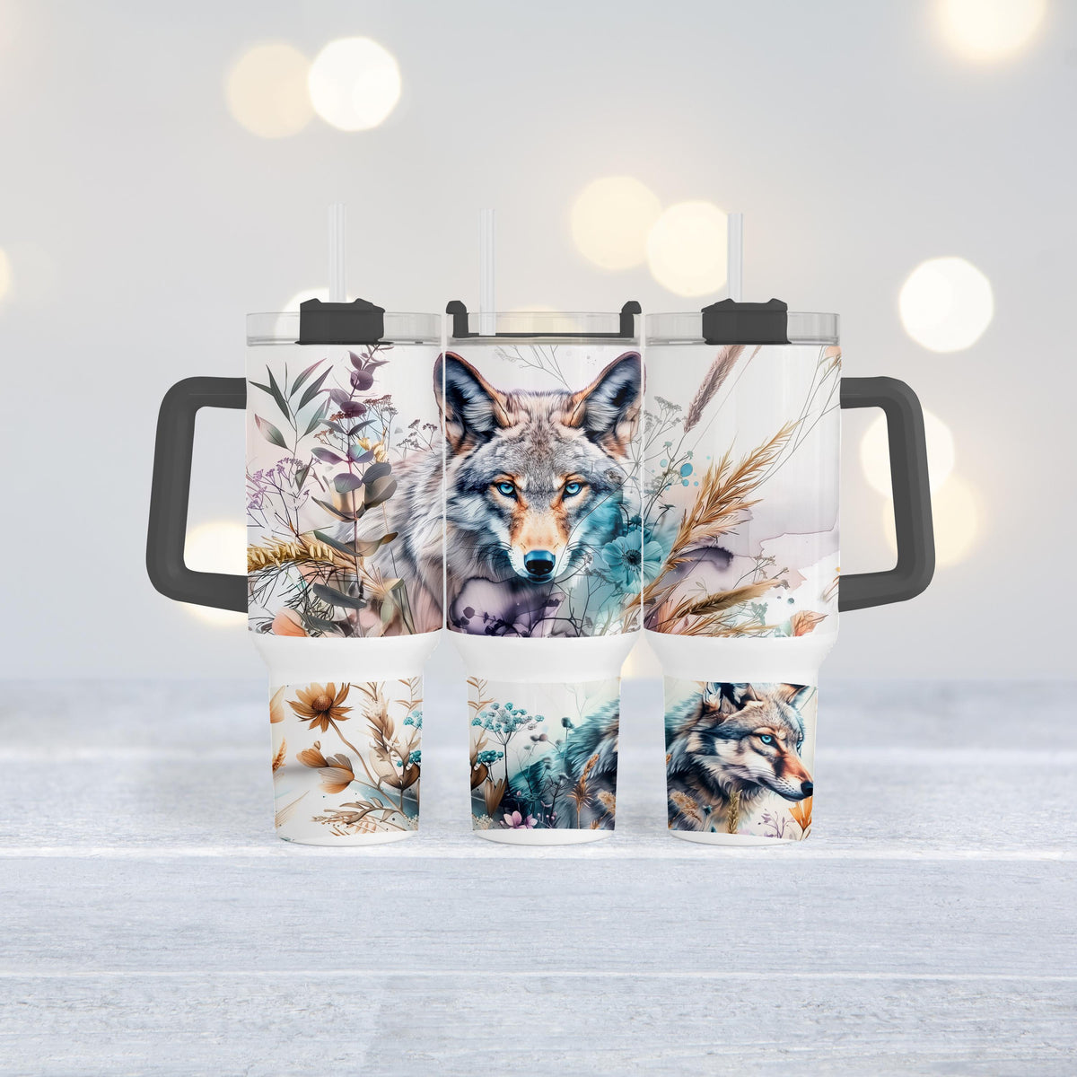 Boho Wolf Tumbler, 40 Oz With Handle, Wildflower Cup Gift For Her