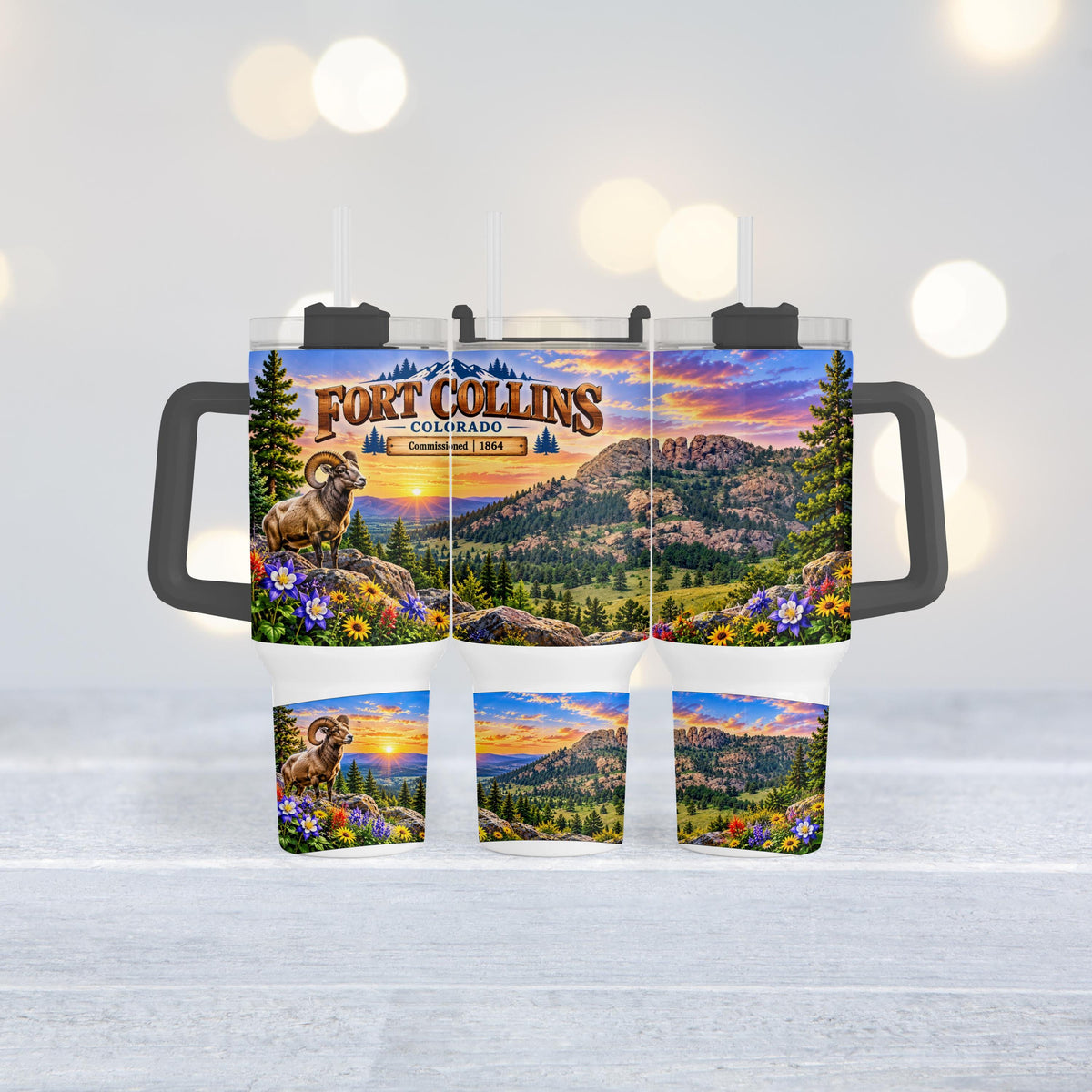 Fort Collins Tumbler, 40 Oz With Handle, Bighorn Sheep Gift