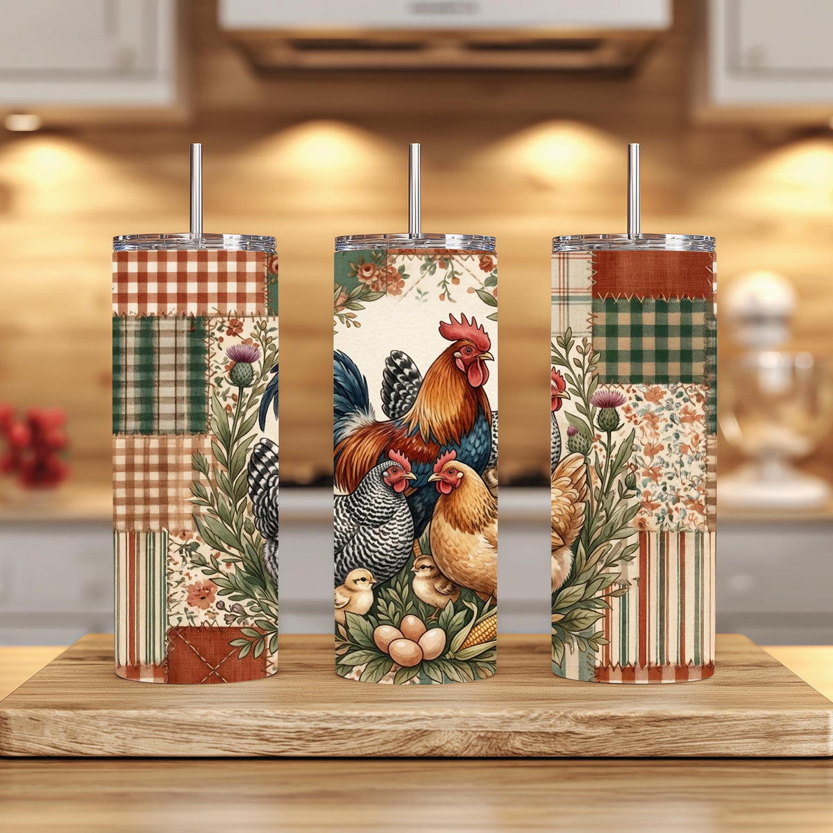 Chicken Tumbler, Rooster Hen Patchwork Quilt, 20 Oz Skinny Gift