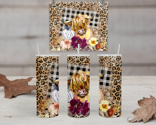 Stainless Steel Tumbler, Highland Cow, 20Oz Leopard Plaid Fall Art