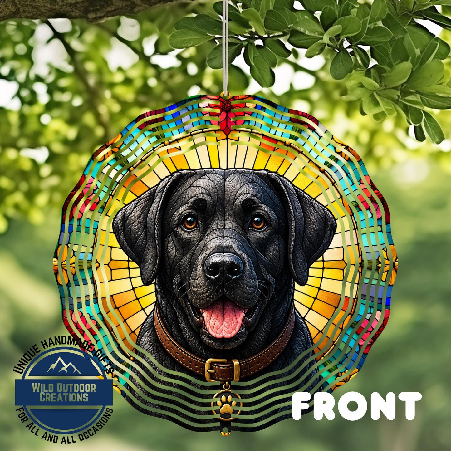 Black Lab Wind Spinner - 10 Inch Faux Stained Glass Spiral Garden Decor