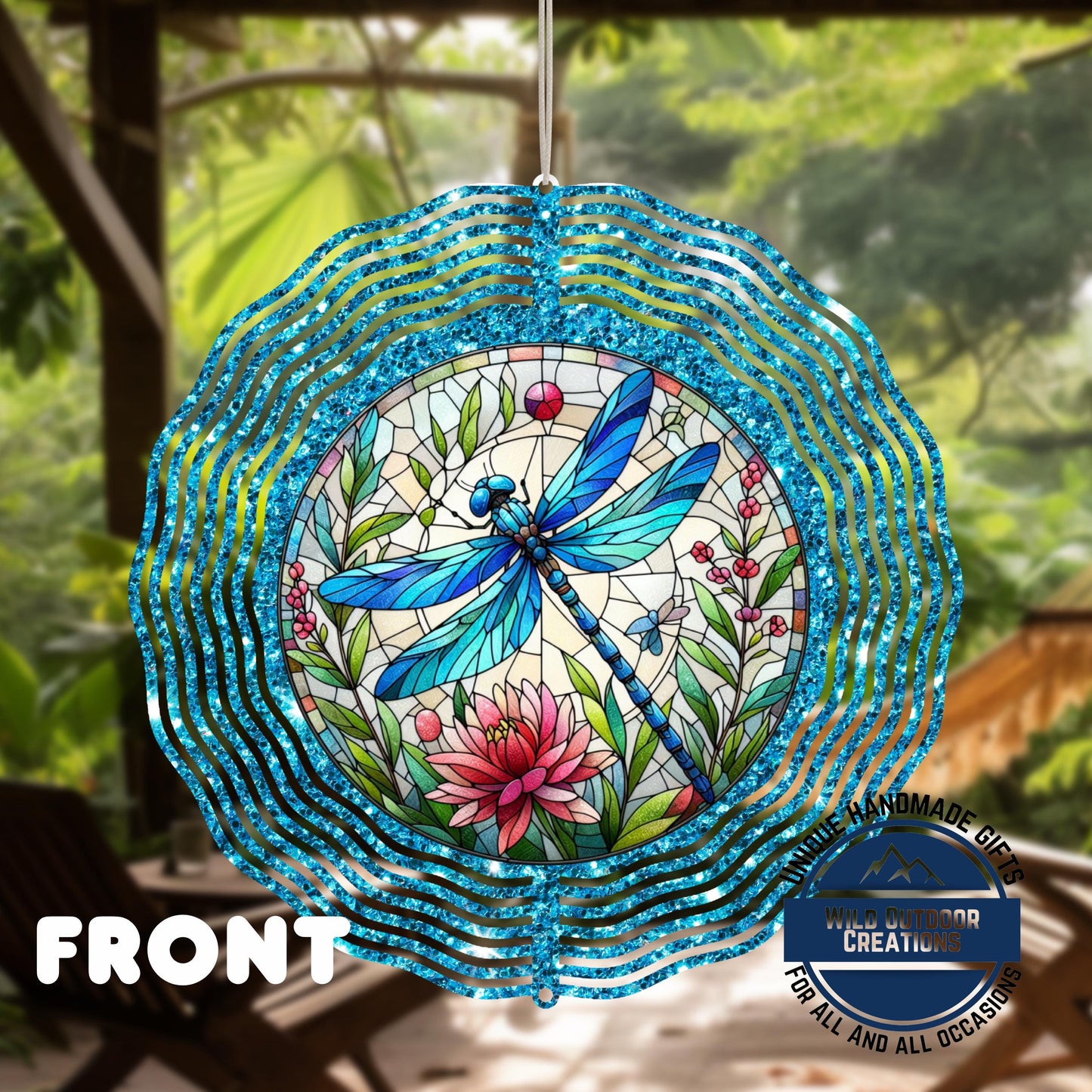 Dragonfly Wind Spinner - Vibrant Faux Glitter Stained Glass Garden Decor - back side design view