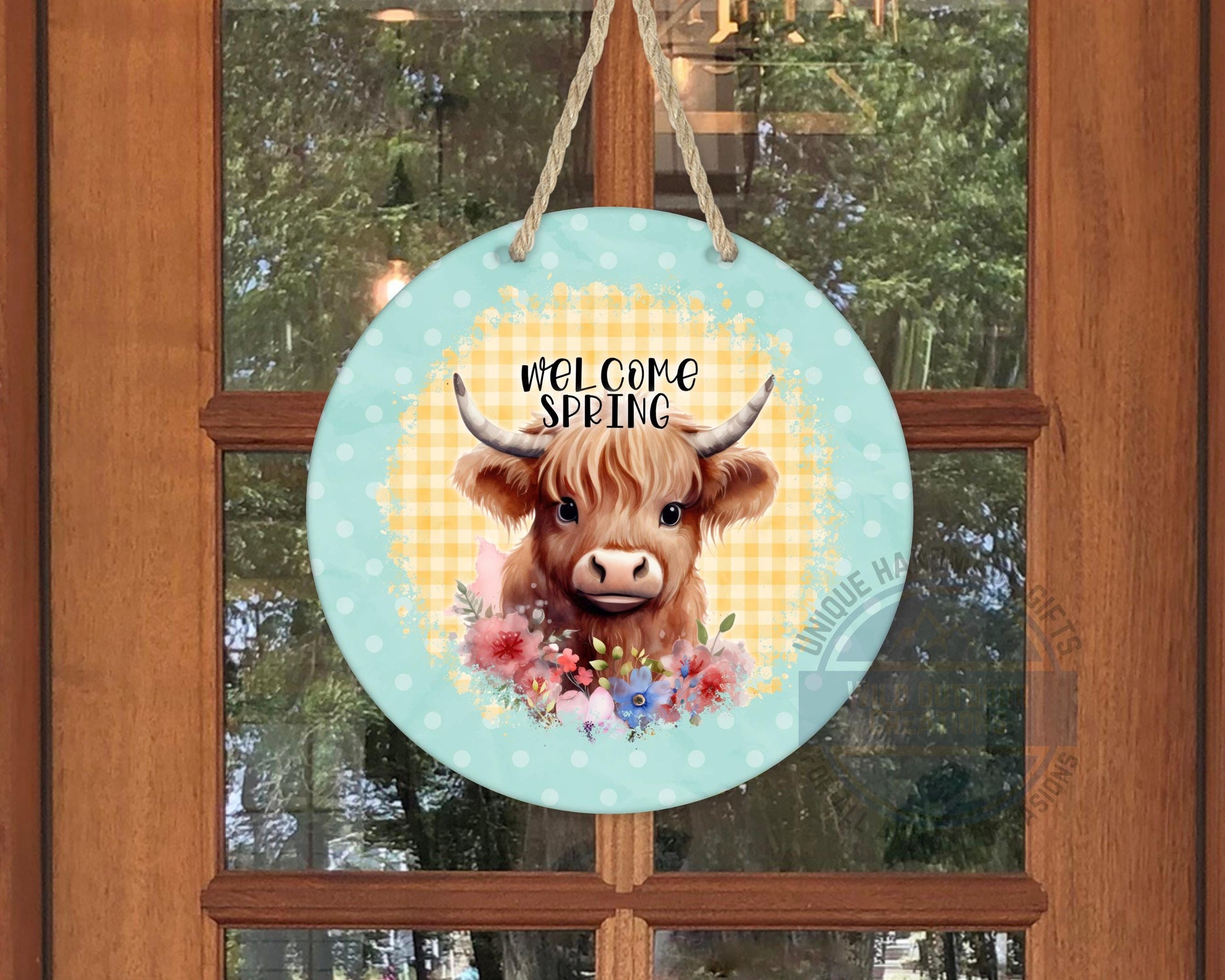 Welcome Spring Sign - Highland Cow Decor | Round Aluminum Front Porch Sign - lifestyle view