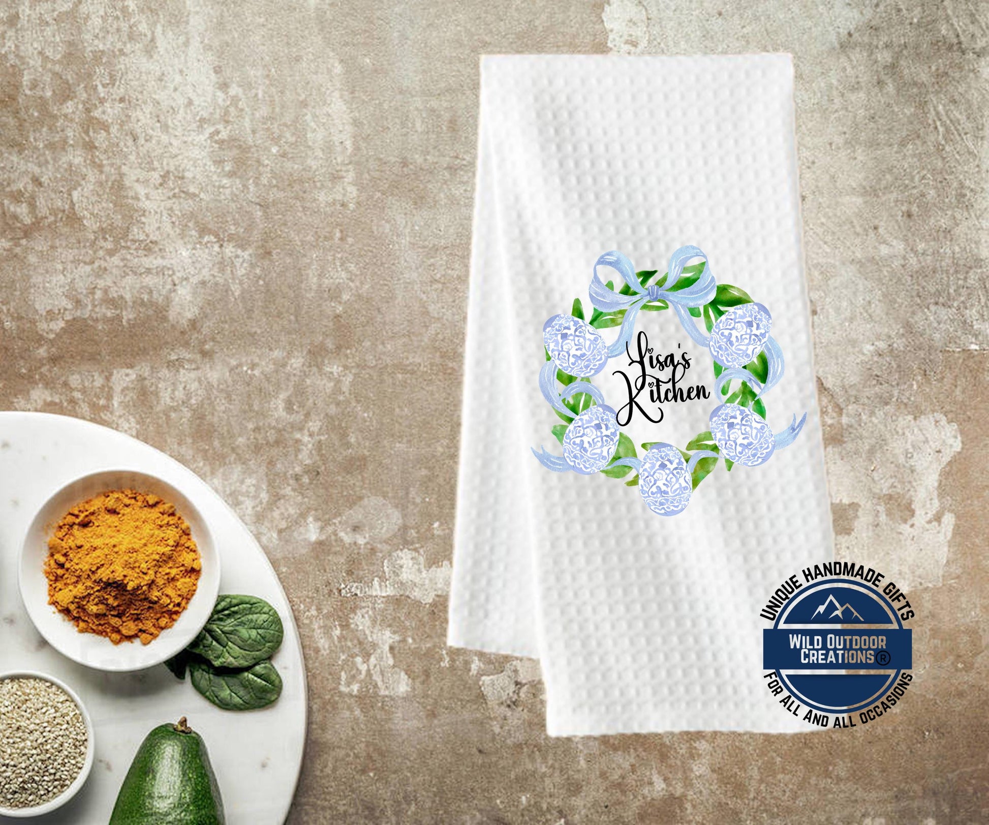 Personalized Easter Towel – Custom Name Kitchen Towel With Blue Chinoiserie Wreath - additional product photo 12