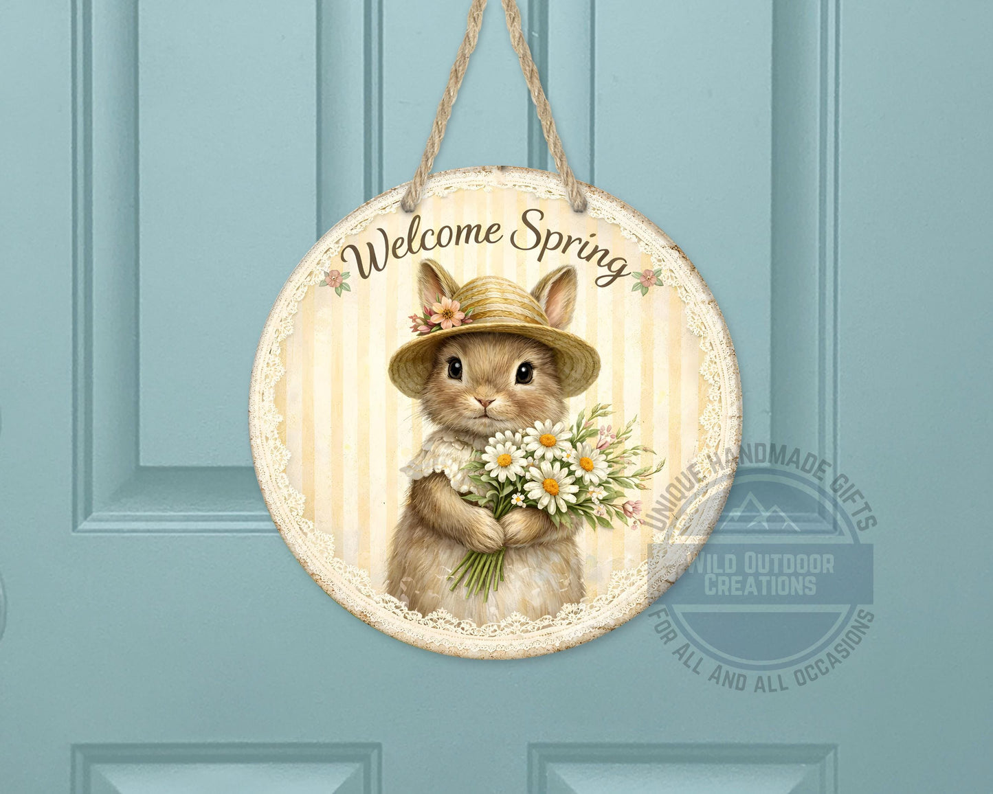 Spring Bunny Door Hanger – Floral Rabbit Wreath with Daisy Bouquet Sign - detail view