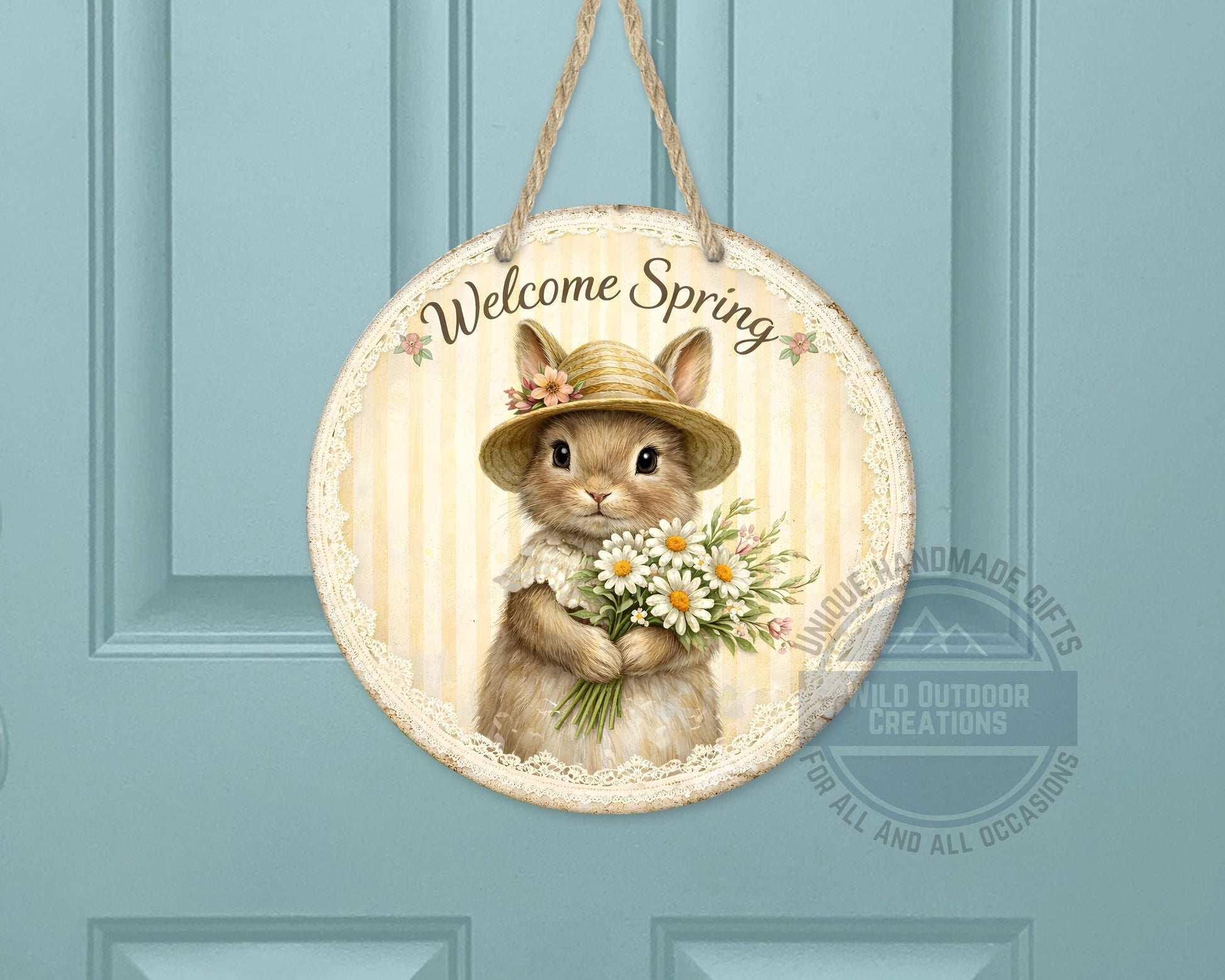 Spring Bunny Door Hanger – Floral Rabbit Wreath with Daisy Bouquet Sign - detail view