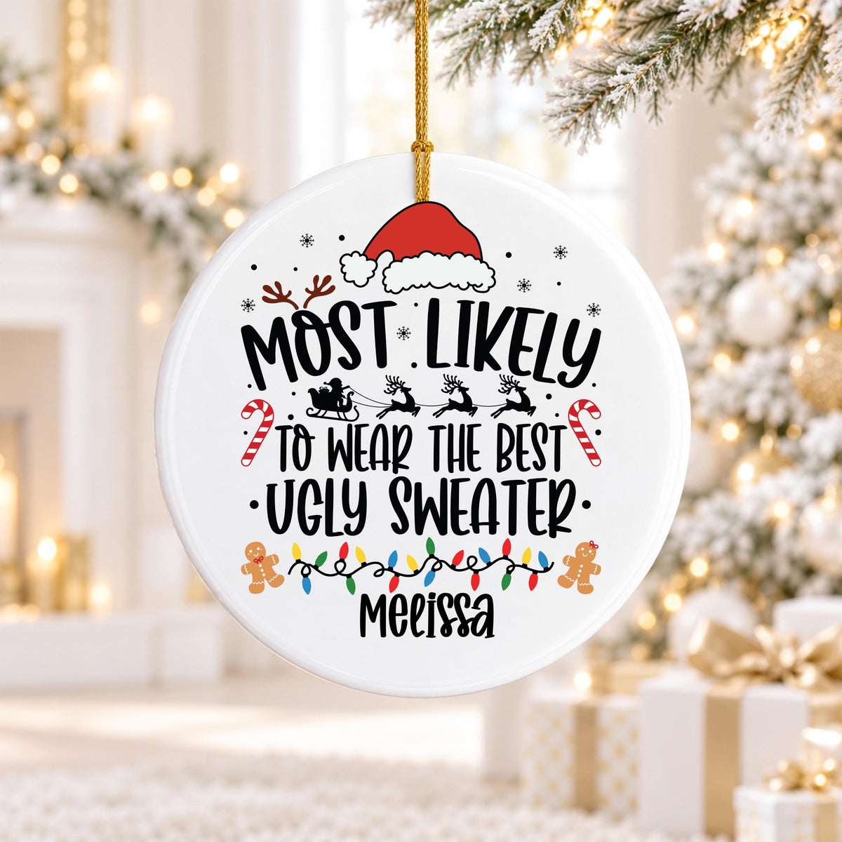 Personalized Christmas Ornament Ugly Sweater Ceramic, Custom Name