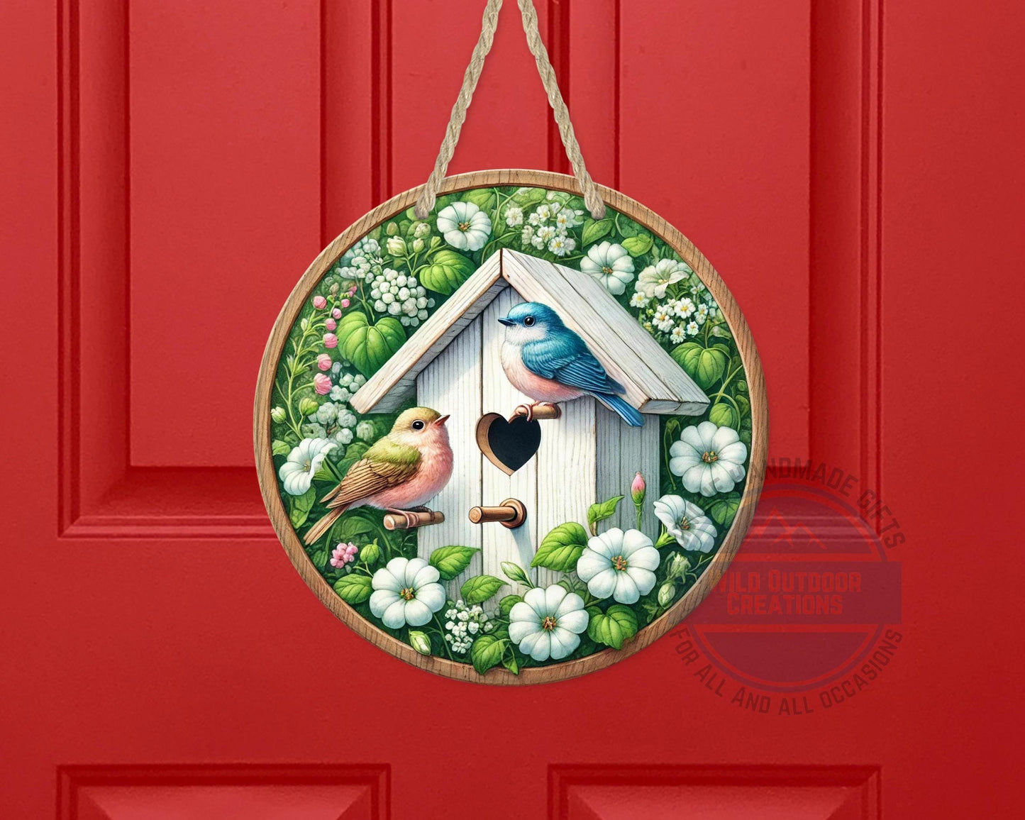 Birdhouse Door Hanger – Spring Door Decor with Songbird Porch Welcome Sign - additional angle