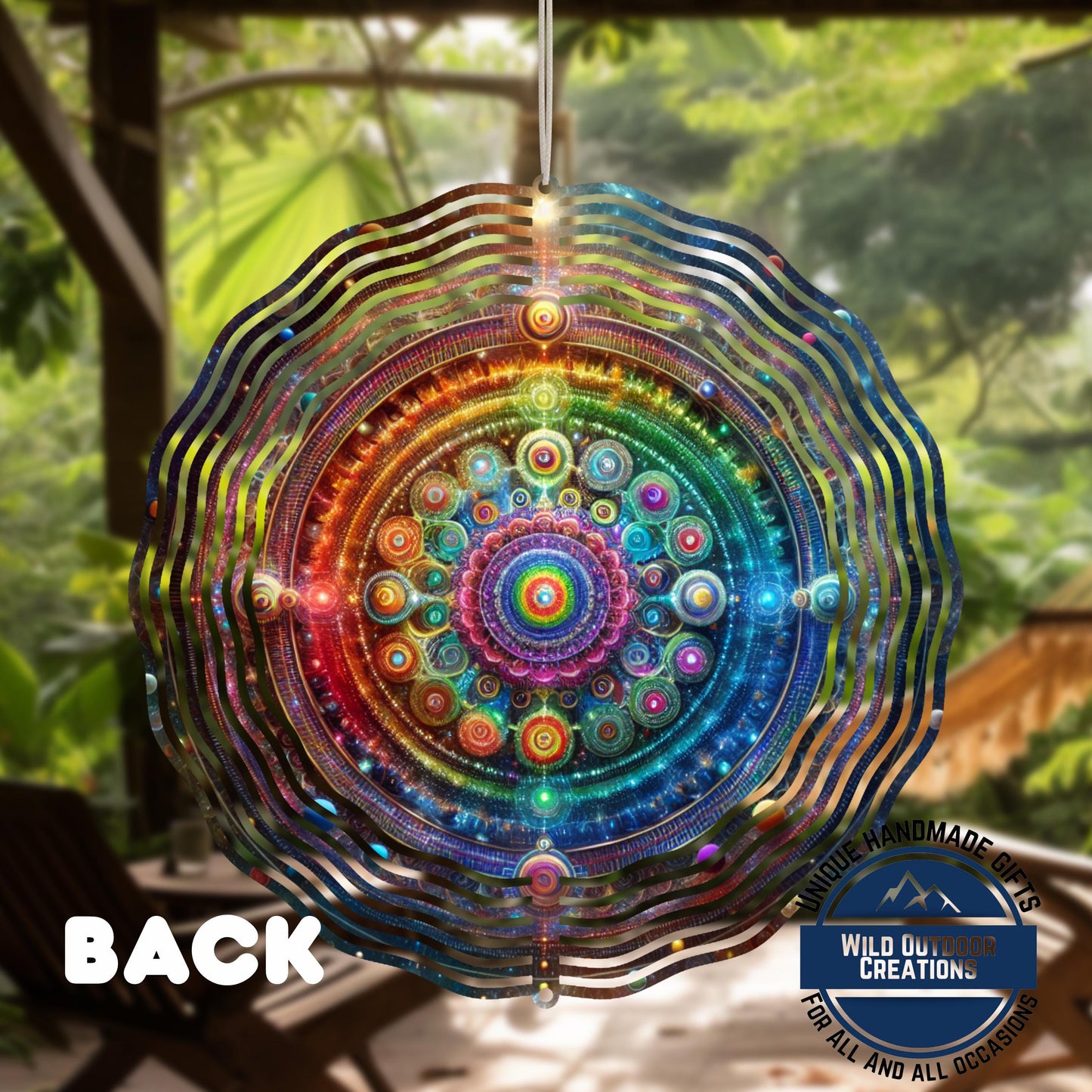 Neon Mandala Wind Spinner - Boho Garden Decor | Double Sided Aluminum Spinner - product dimensions and specifications
