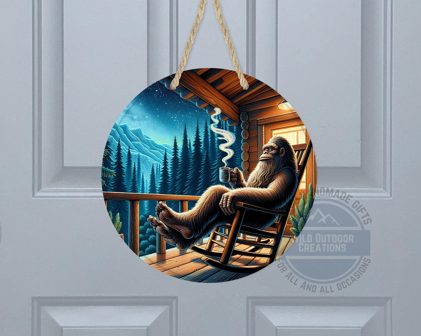 Bigfoot Porch Decor – Sasquatch Door Hanger | Rustic Cabin Wall Art, Weather Resistant Sign - gift presentation view