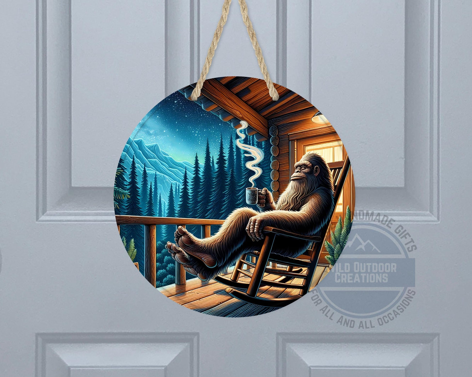Bigfoot Porch Decor – Sasquatch Door Hanger | Rustic Cabin Wall Art, Weather Resistant Sign - gift presentation view