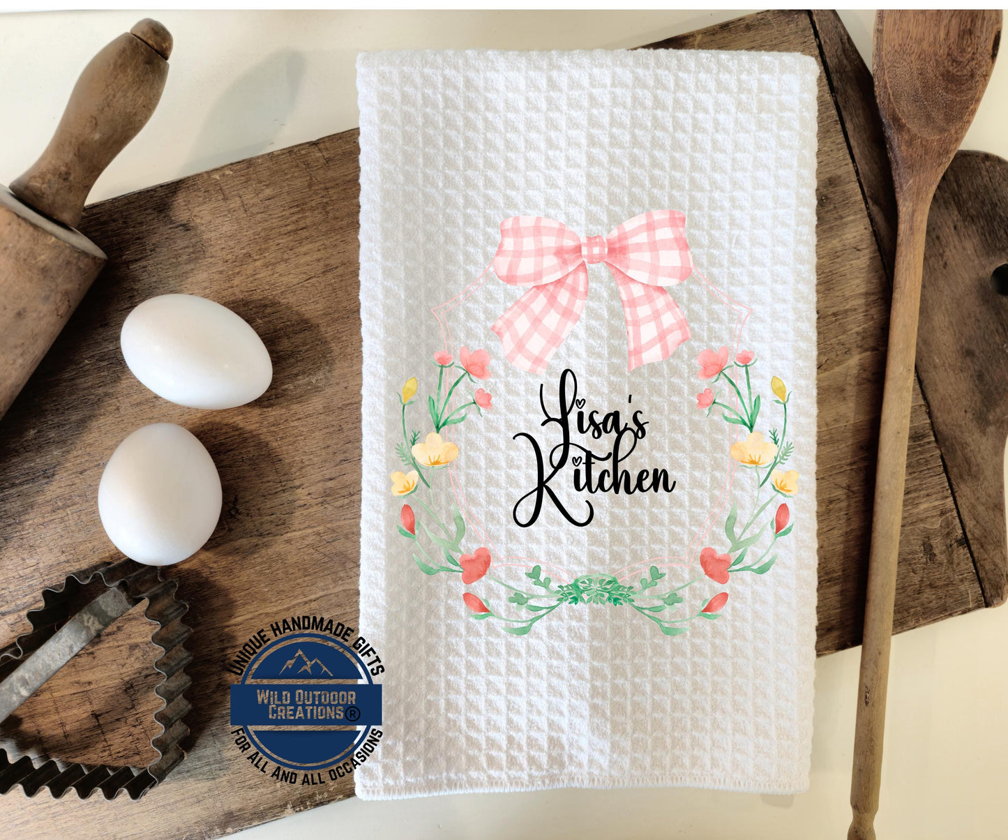 Personalized Kitchen Towel – Custom Floral Wreath Pink Gingham Bow Gift - additional angle