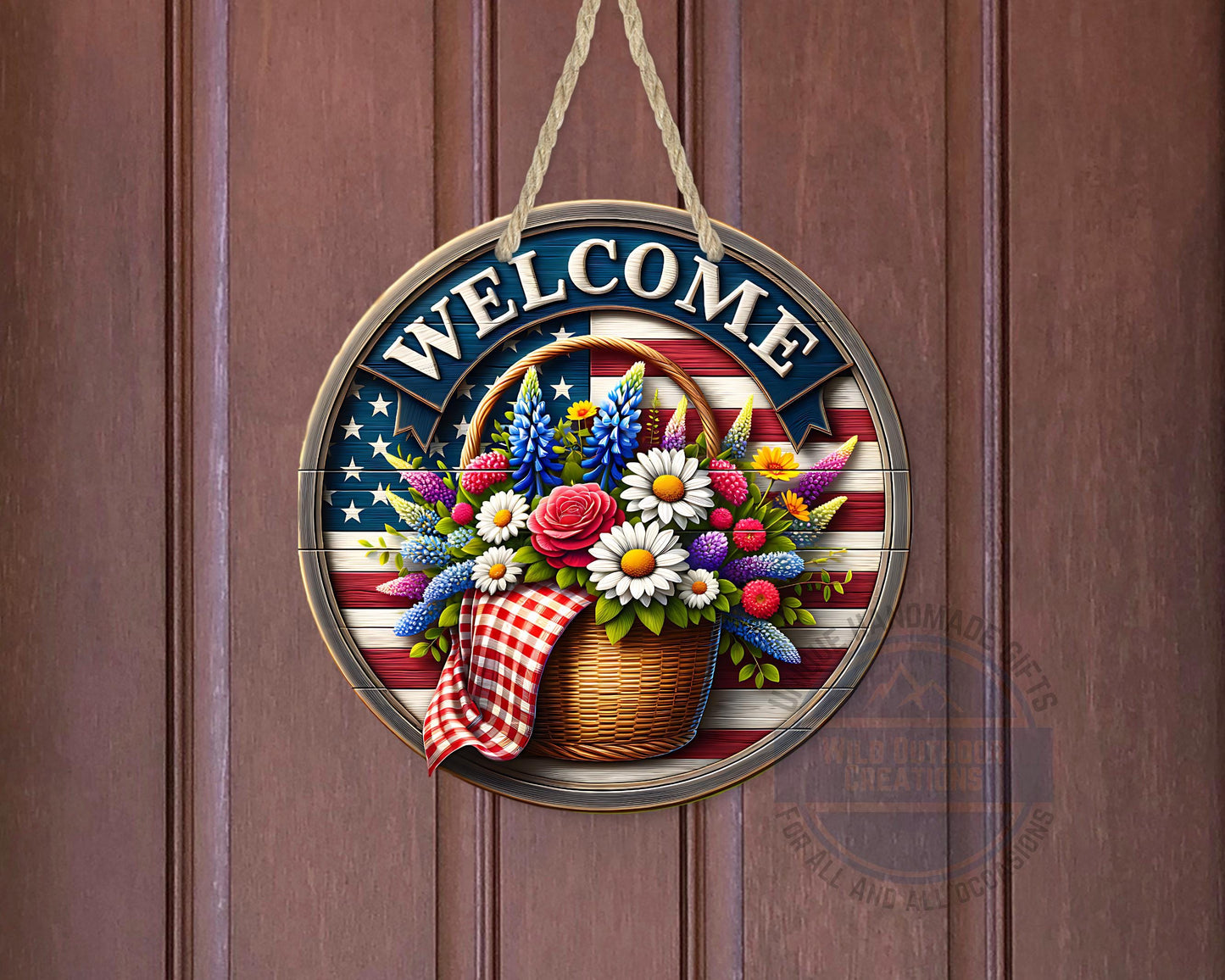 Patriotic Door Hanger - Aluminum Outdoor Sign With American Flag & Floral Basket - detail view