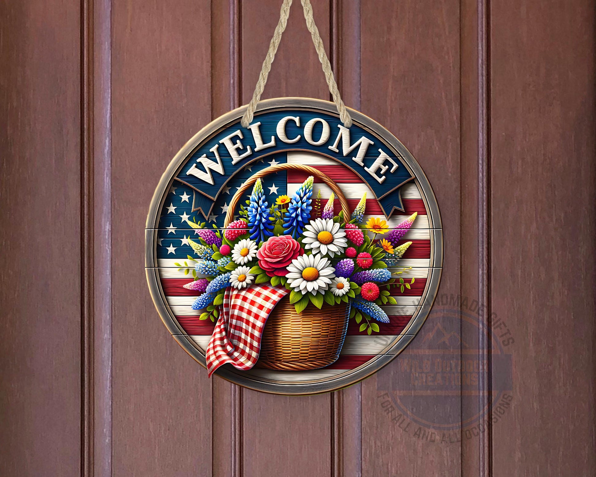 Patriotic Door Hanger - Aluminum Outdoor Sign With American Flag & Floral Basket - detail view