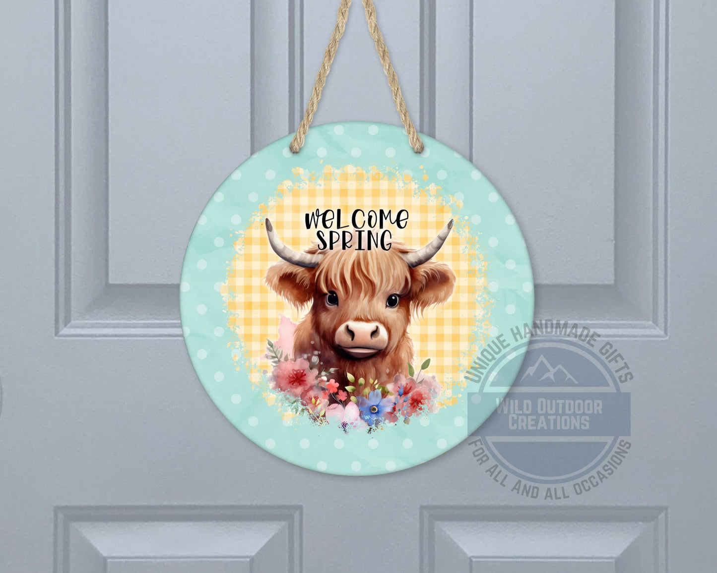 Welcome Spring Sign - Highland Cow Decor | Round Aluminum Front Porch Sign - gift presentation view
