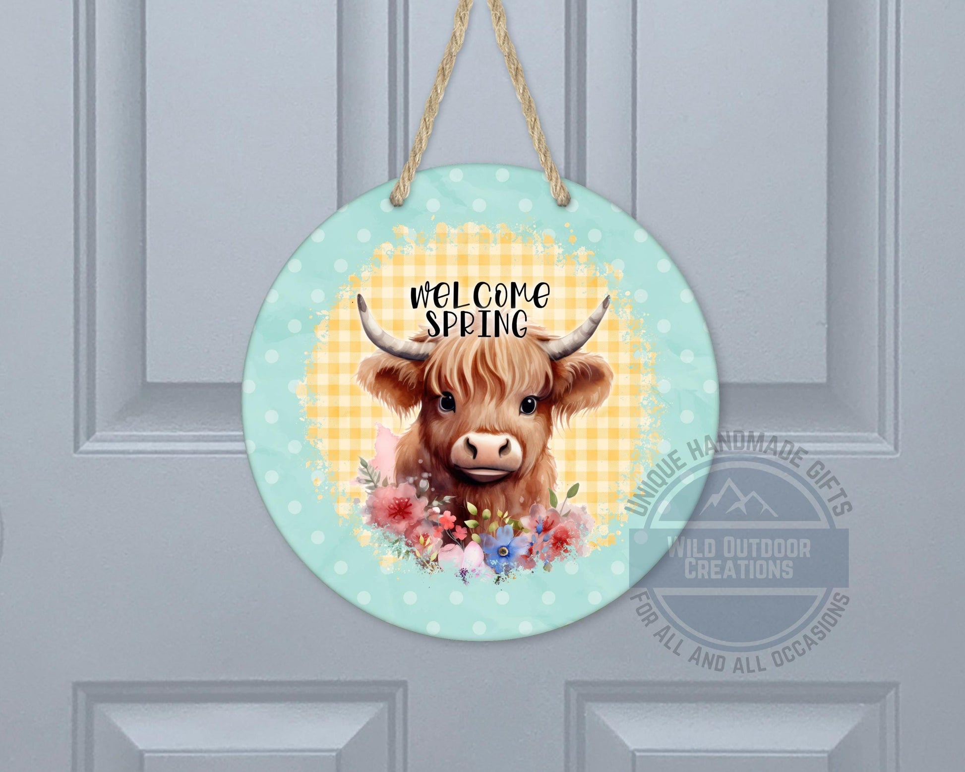 Welcome Spring Sign - Highland Cow Decor | Round Aluminum Front Porch Sign - gift presentation view