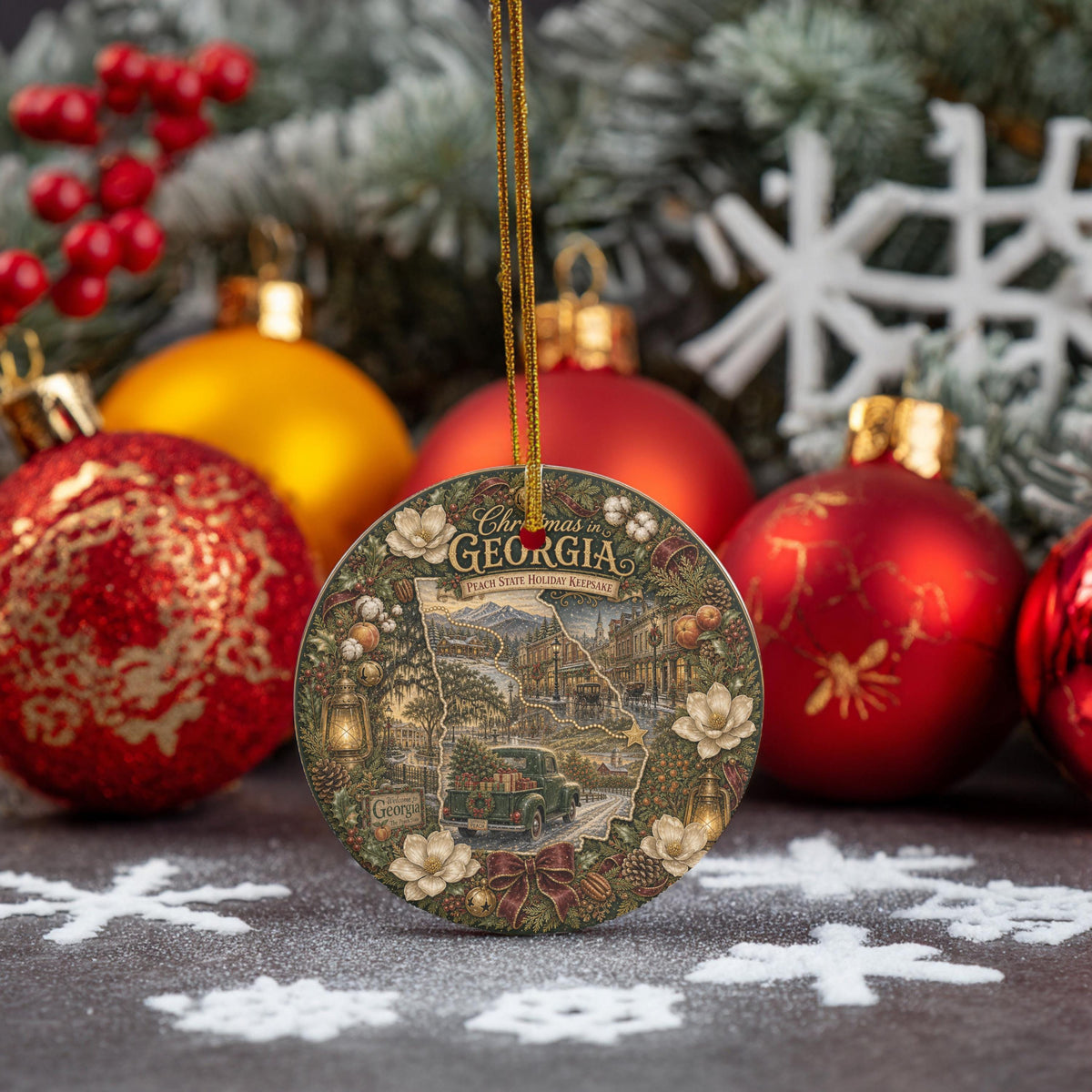 Georgia Christmas Ornament | 3 In Ceramic Keepsake, Vintage Truck
