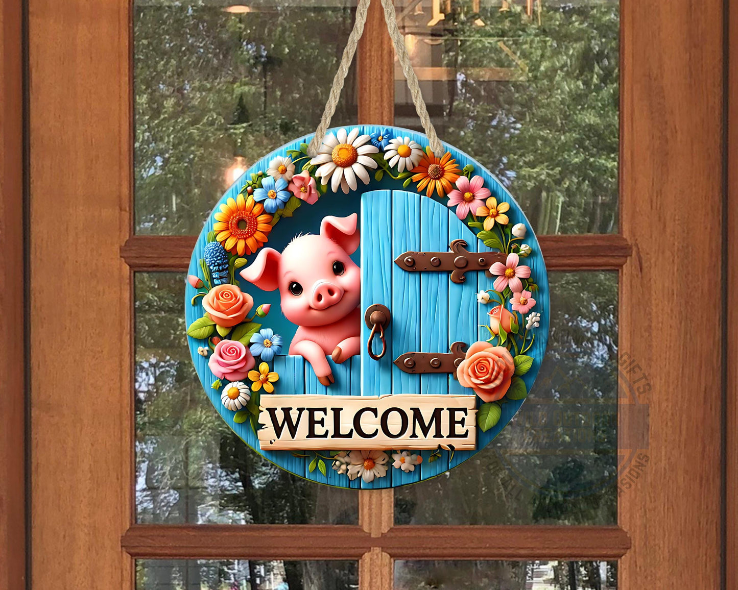 Pig Door Hanger – Farmhouse Welcome Sign | Floral Blue Wood Aluminum Decor - displayed on front door