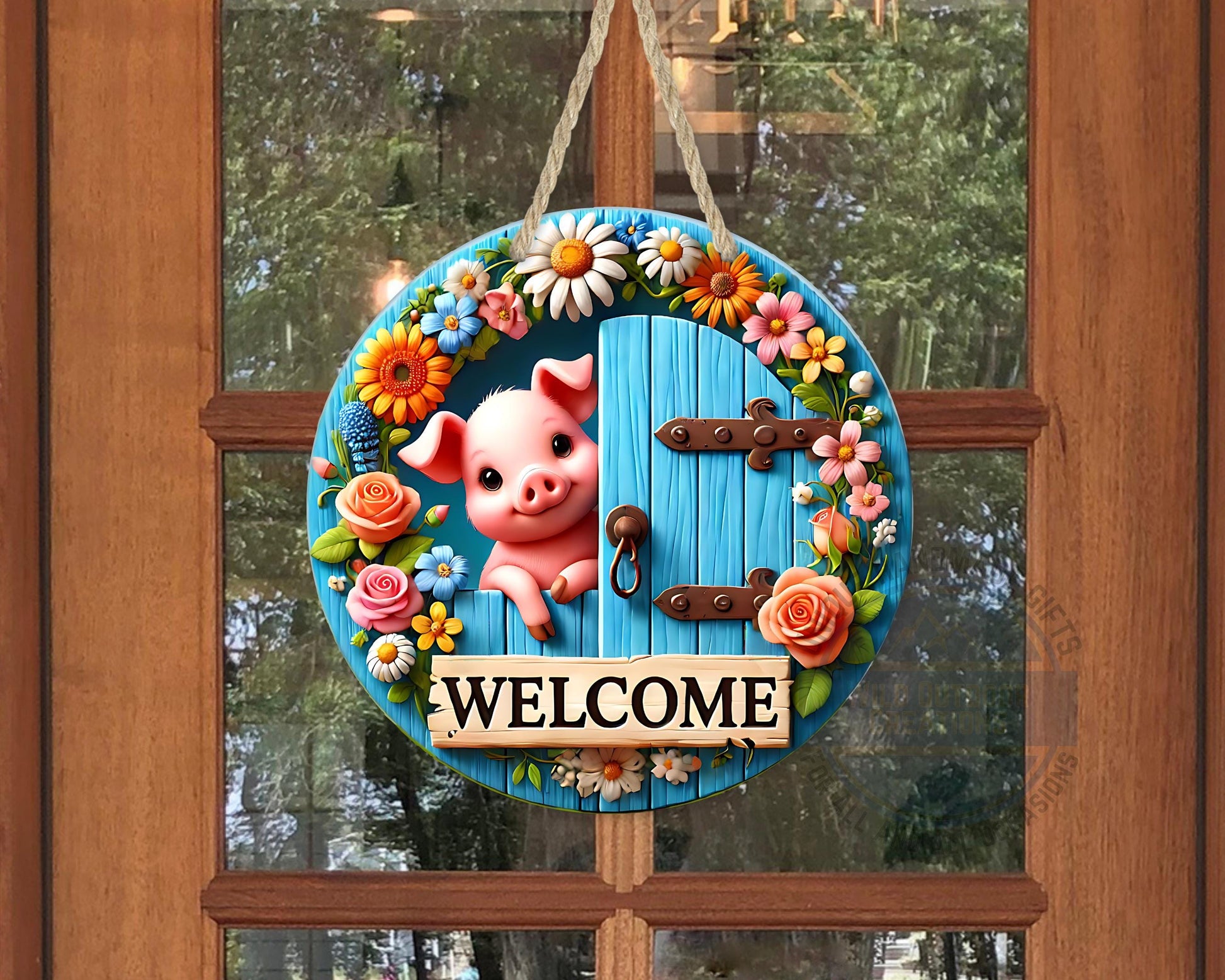 Pig Door Hanger – Farmhouse Welcome Sign | Floral Blue Wood Aluminum Decor - displayed on front door