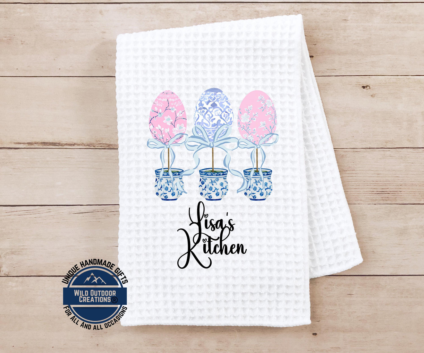 Personalized Kitchen Towel – Easter Egg Topiary Waffle Weave, Custom Name Gift - additional angle