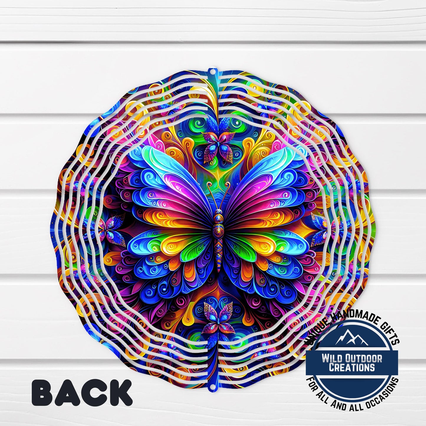 Neon Butterfly Wind Spinner - 10 Inch Rainbow Aluminum Garden Art with 360 Swivel Hook - product dimensions and specificat...
