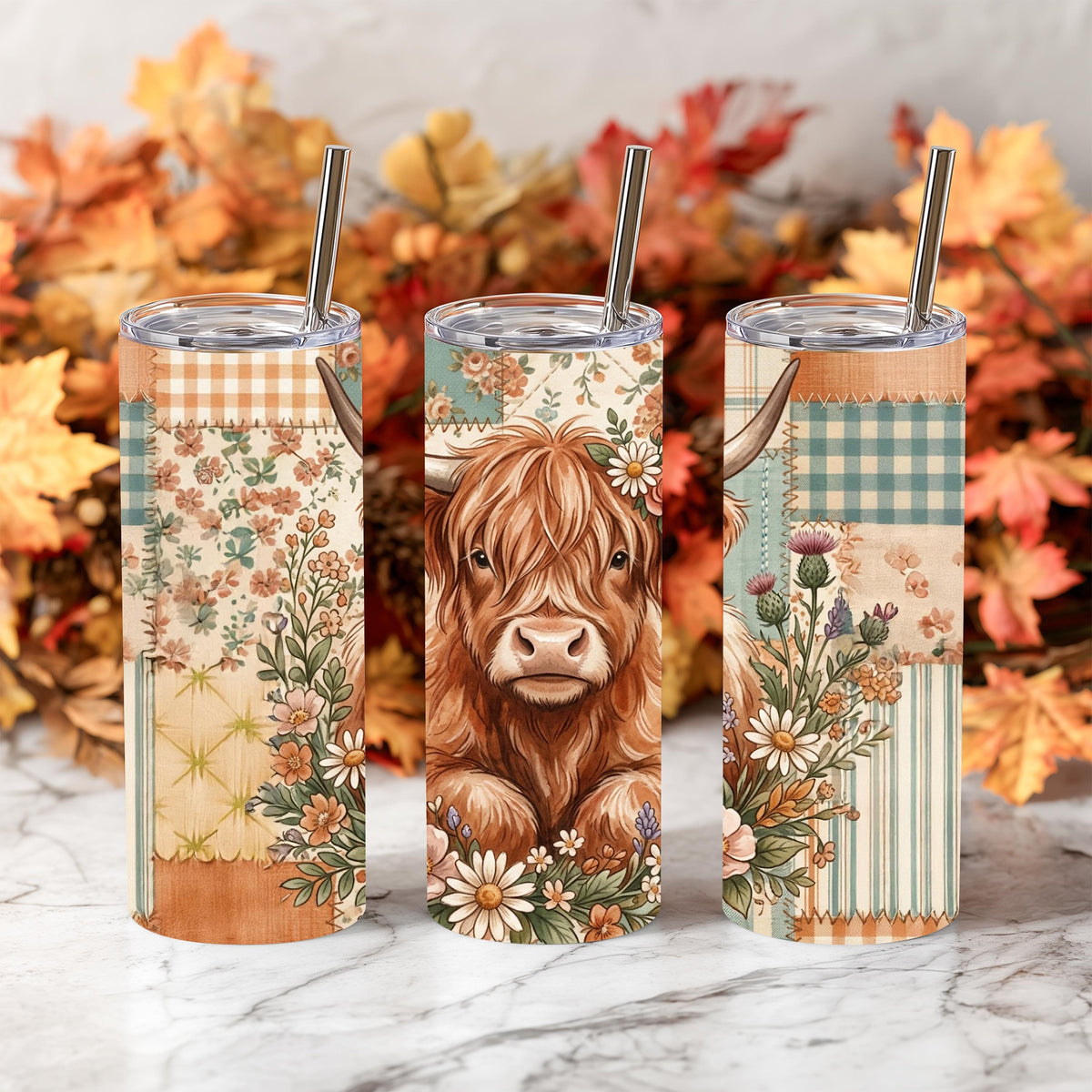 Highland Cow Tumbler | Floral Patchwork 20 Oz Skinny, Teal Peach Farmhouse