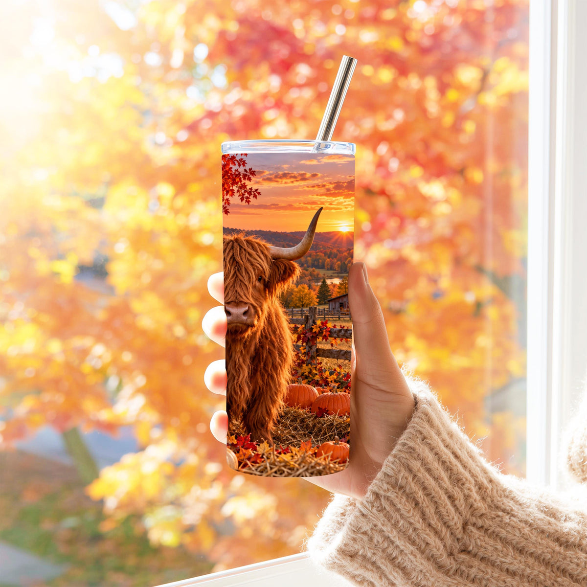 20 Oz Skinny Tumbler, Highland Cow Fall Pumpkin Patch, Red Barn