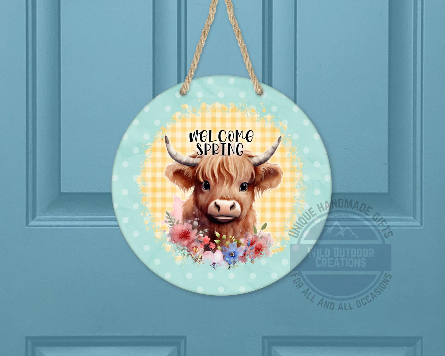 Welcome Spring Sign - Highland Cow Decor | Round Aluminum Front Porch Sign - product dimensions and specifications