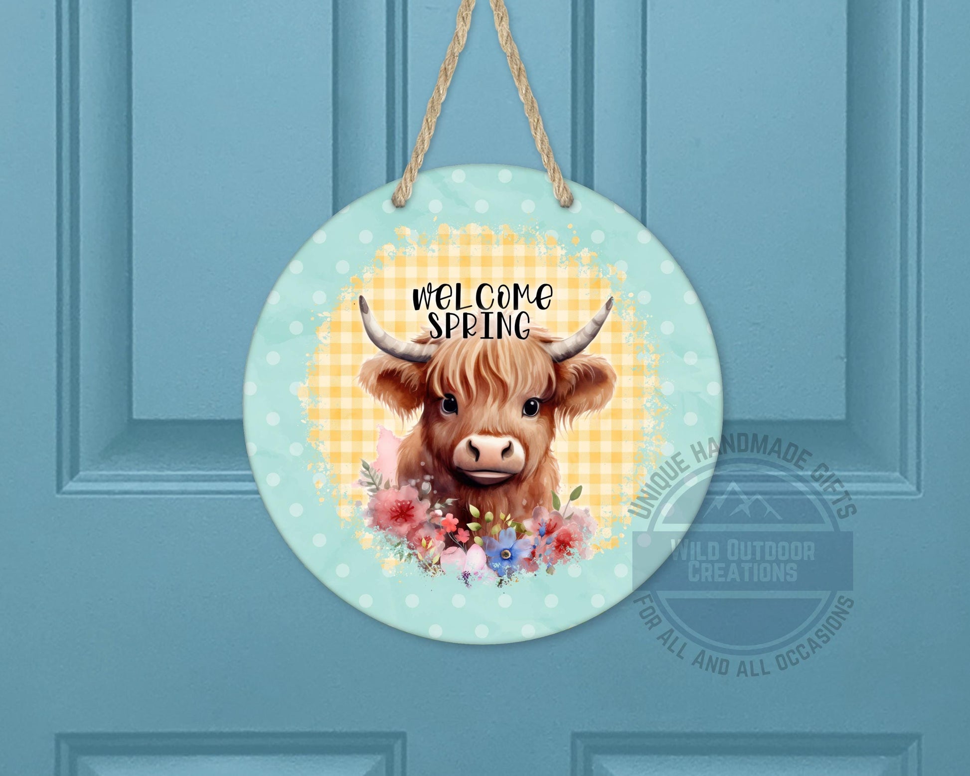 Welcome Spring Sign - Highland Cow Decor | Round Aluminum Front Porch Sign - product dimensions and specifications