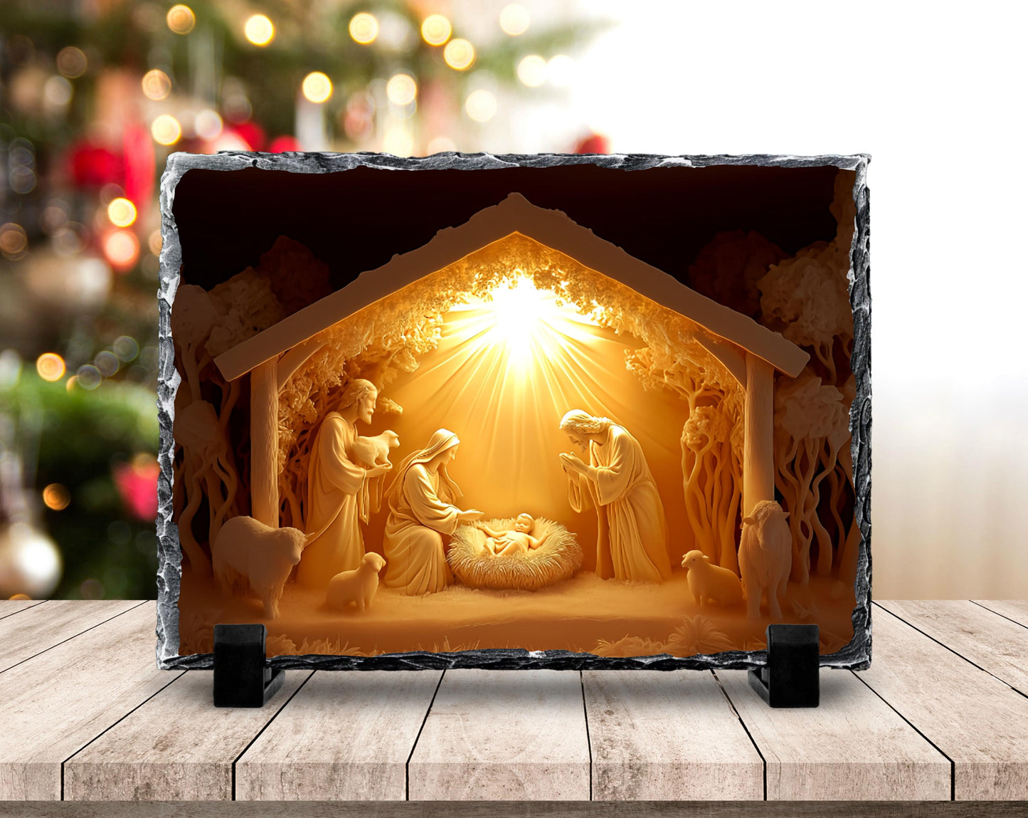 3D Glow Nativity Scene Slatestone Decor with Fractured Edges  Unique Religious Home Accent for Christmas Gifts