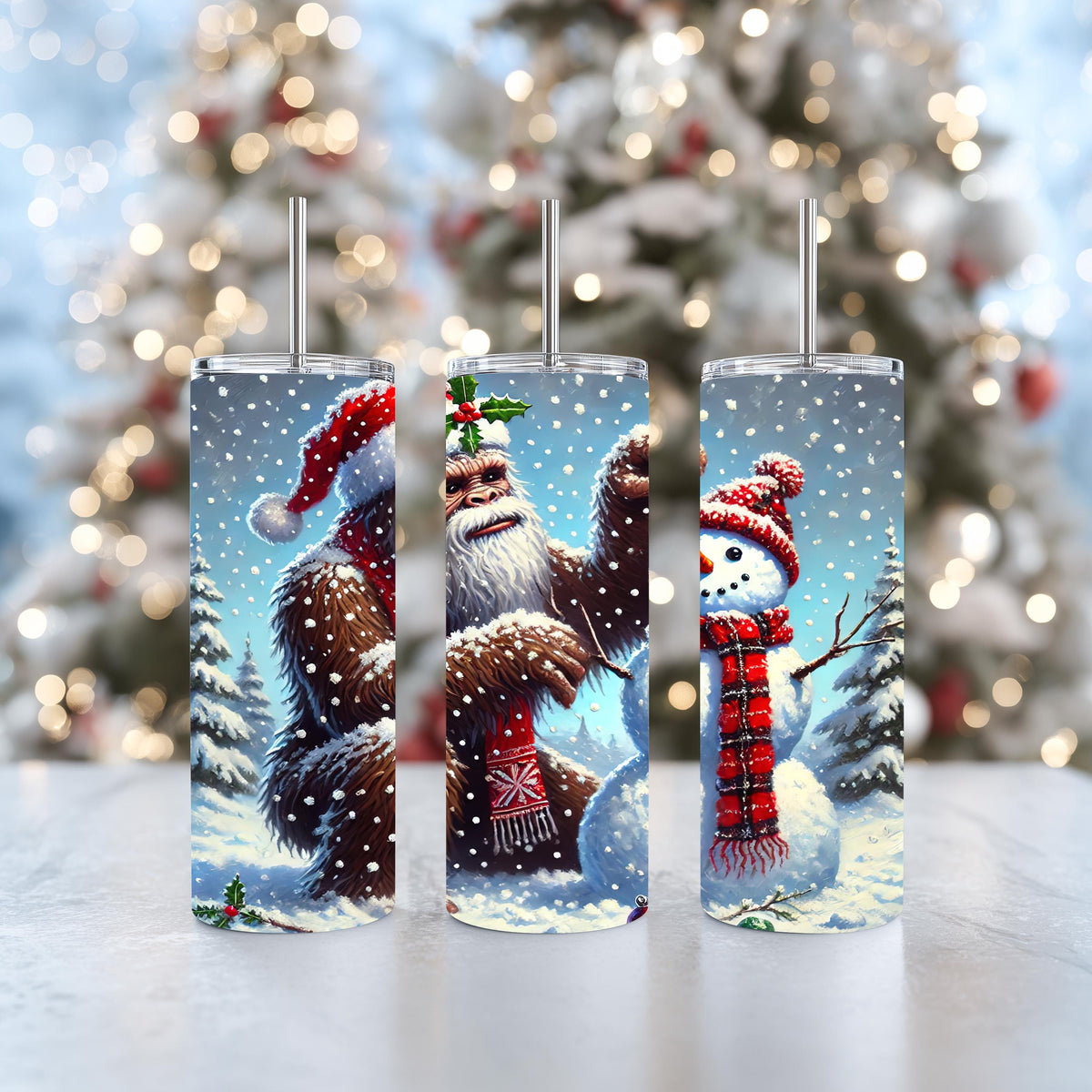 Bigfoot Tumbler, Sasquatch Santa Hat Scene, 20 Oz Skinny Wrap