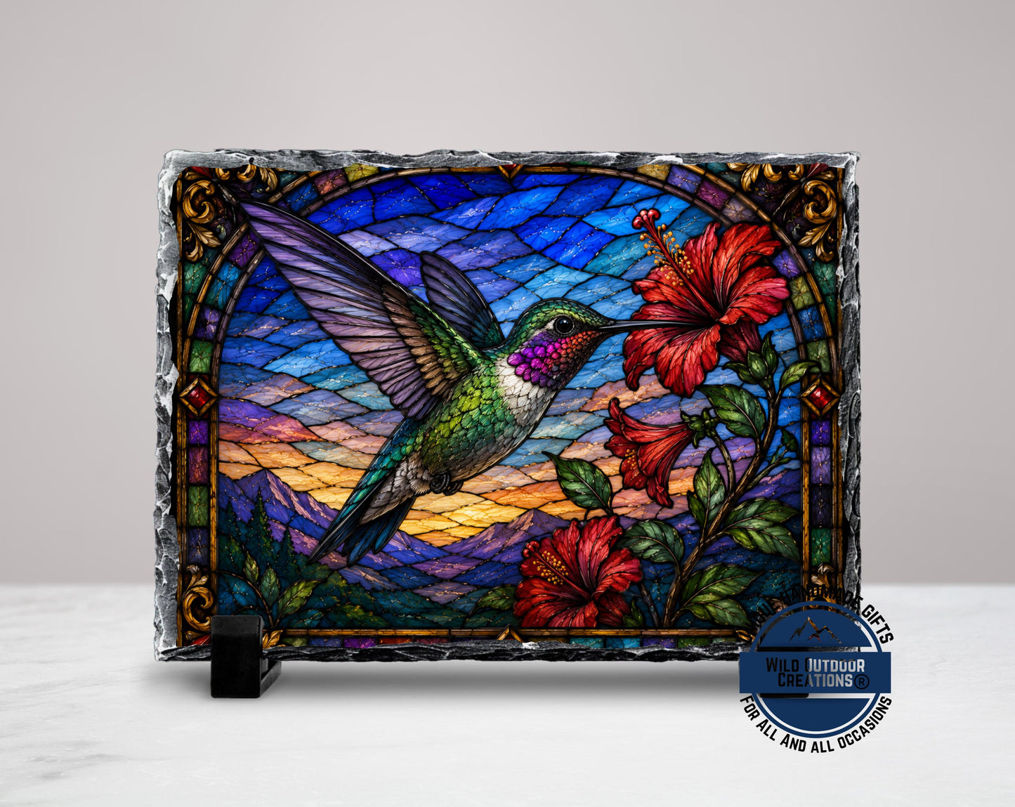 Hummingbird Faux Stained Glass Slate Plaque, Hibiscus Sunset Bird Decor, Garden Lover Gift