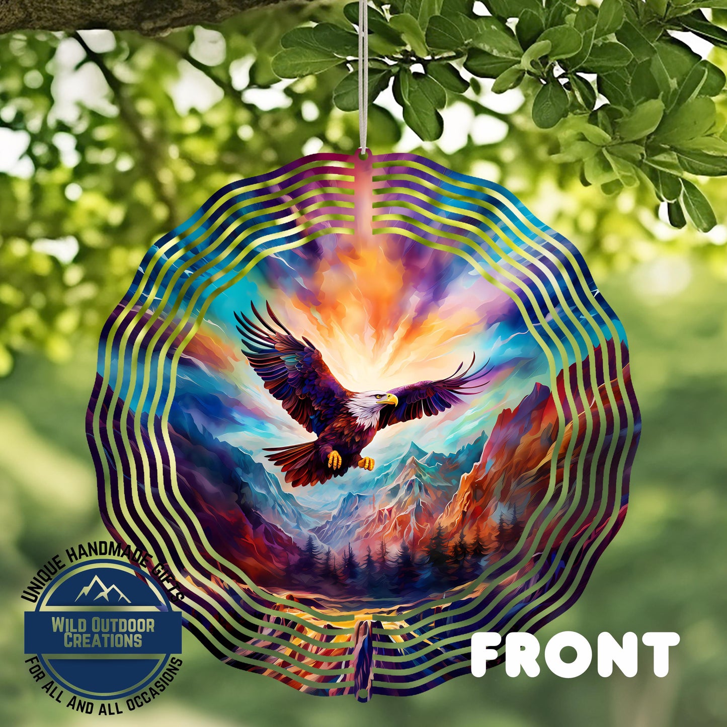 Bald Eagle Wind Spinner - Outdoor Aluminum Spinner with Mountain Sunrise Design
