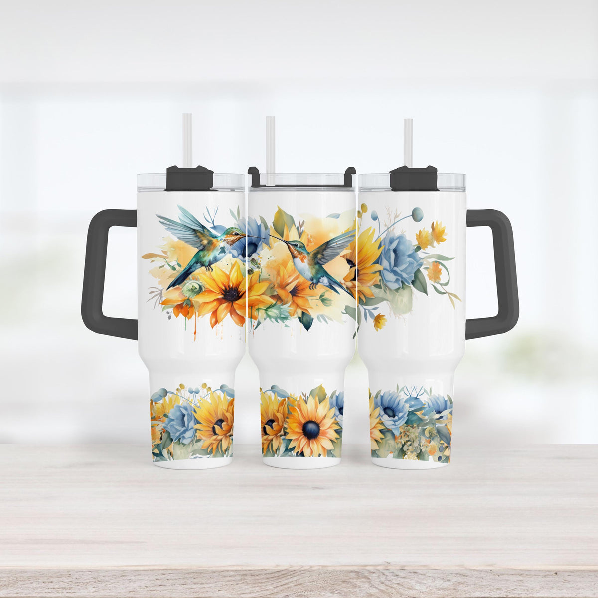 40 Oz Tumbler, Hummingbird Sunflower Blue Floral Cup With Handle