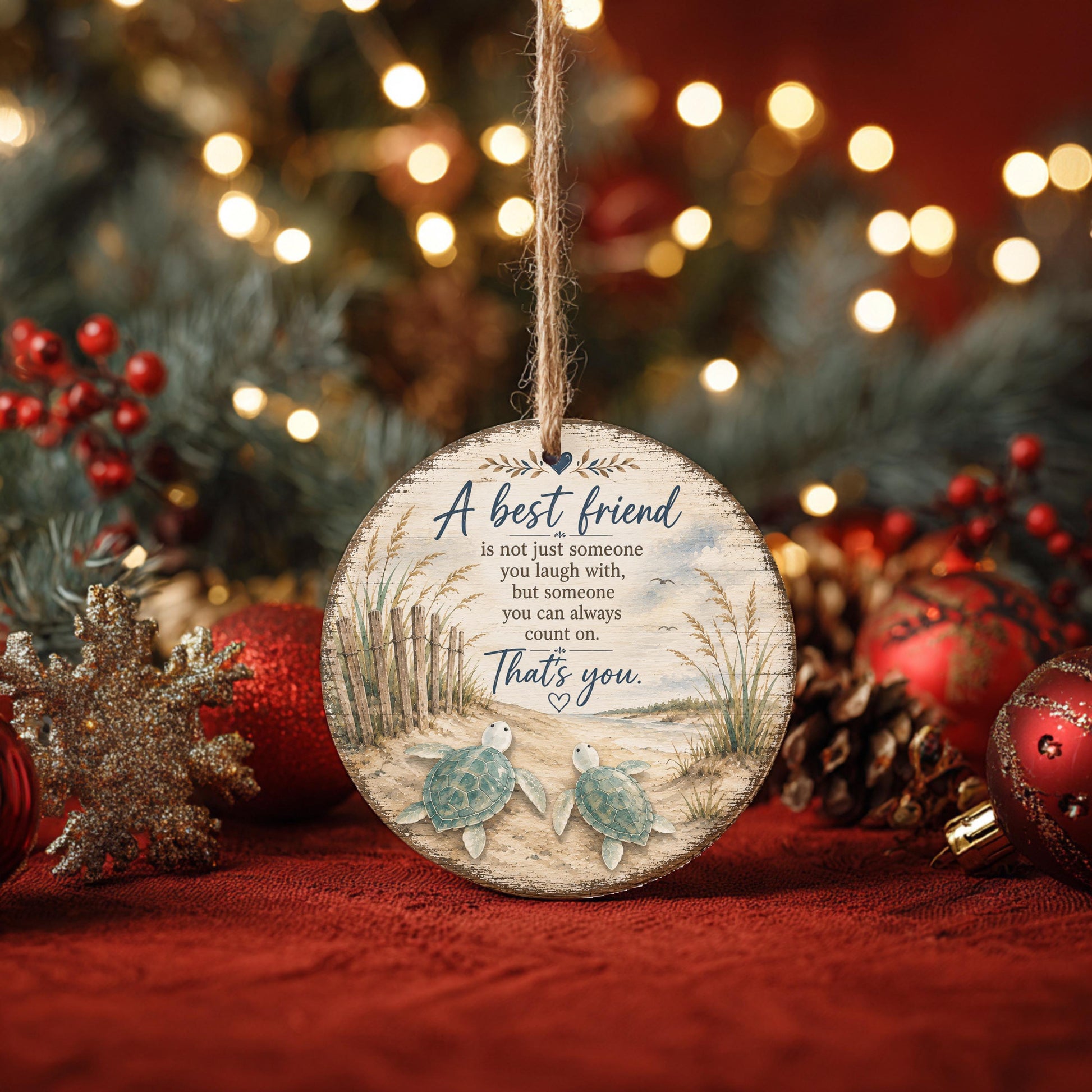 A round wooden ornament with a message about friendship hangs in the center of the image, surrounded by Christmas decorations and ornaments.
