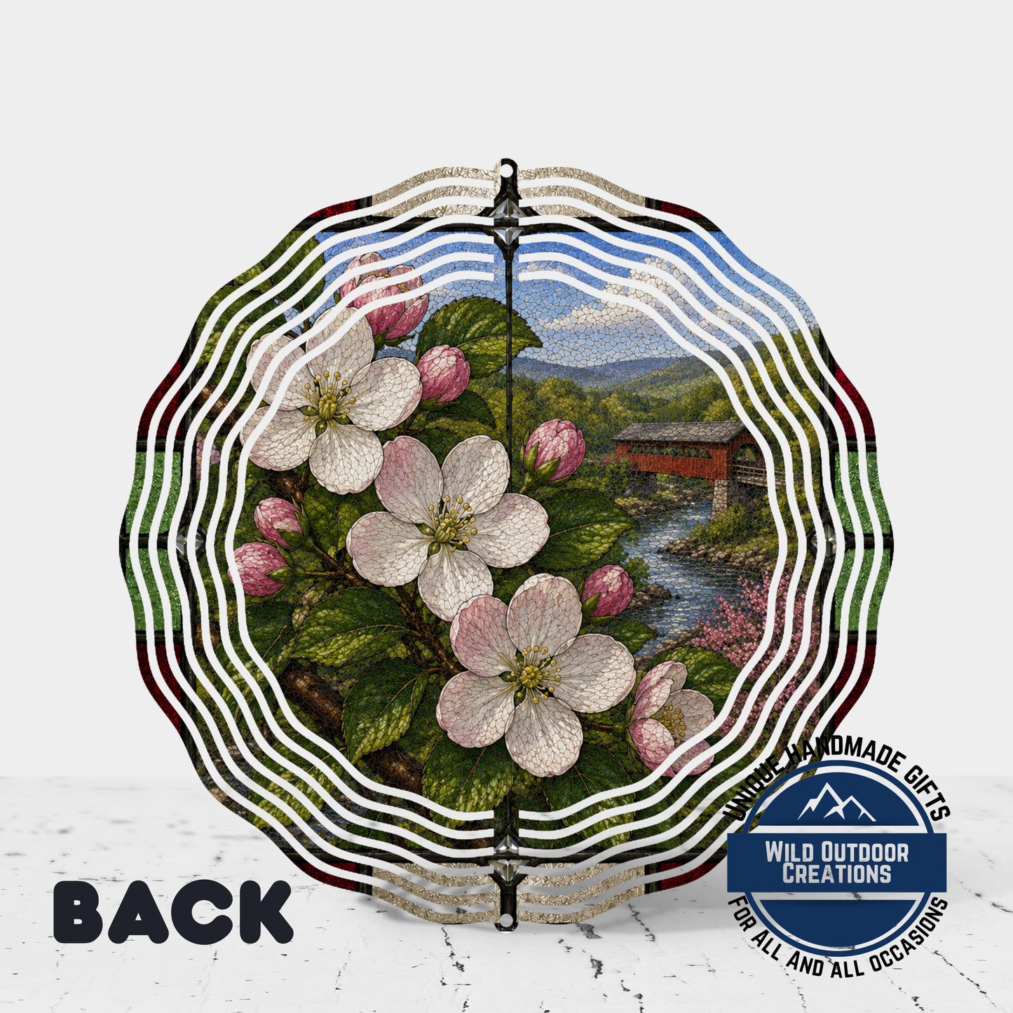 Apple Blossom Wind Spinner - Arkansas State Flower Stained Glass Style Outdoor Decor