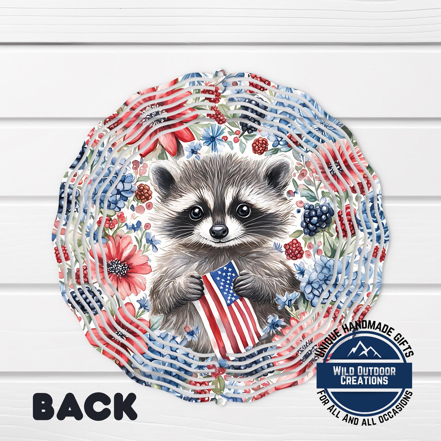 Patriotic Raccoon Spinner - Aluminum Outdoor Wind Spinner With American Flag Decor