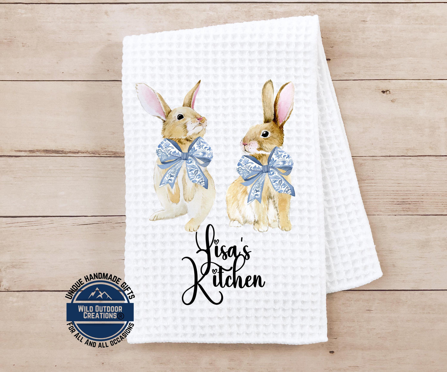 Personalized Easter Towel - Custom Kitchen Towel with Bunny Coquette Bow Design - additional angle
