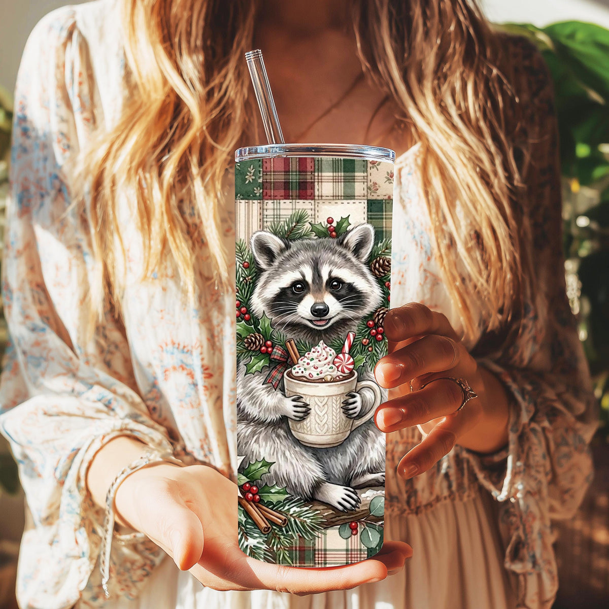 Raccoon Tumbler, 20 Oz Skinny, Plaid Patchwork Hot Cocoa Holiday